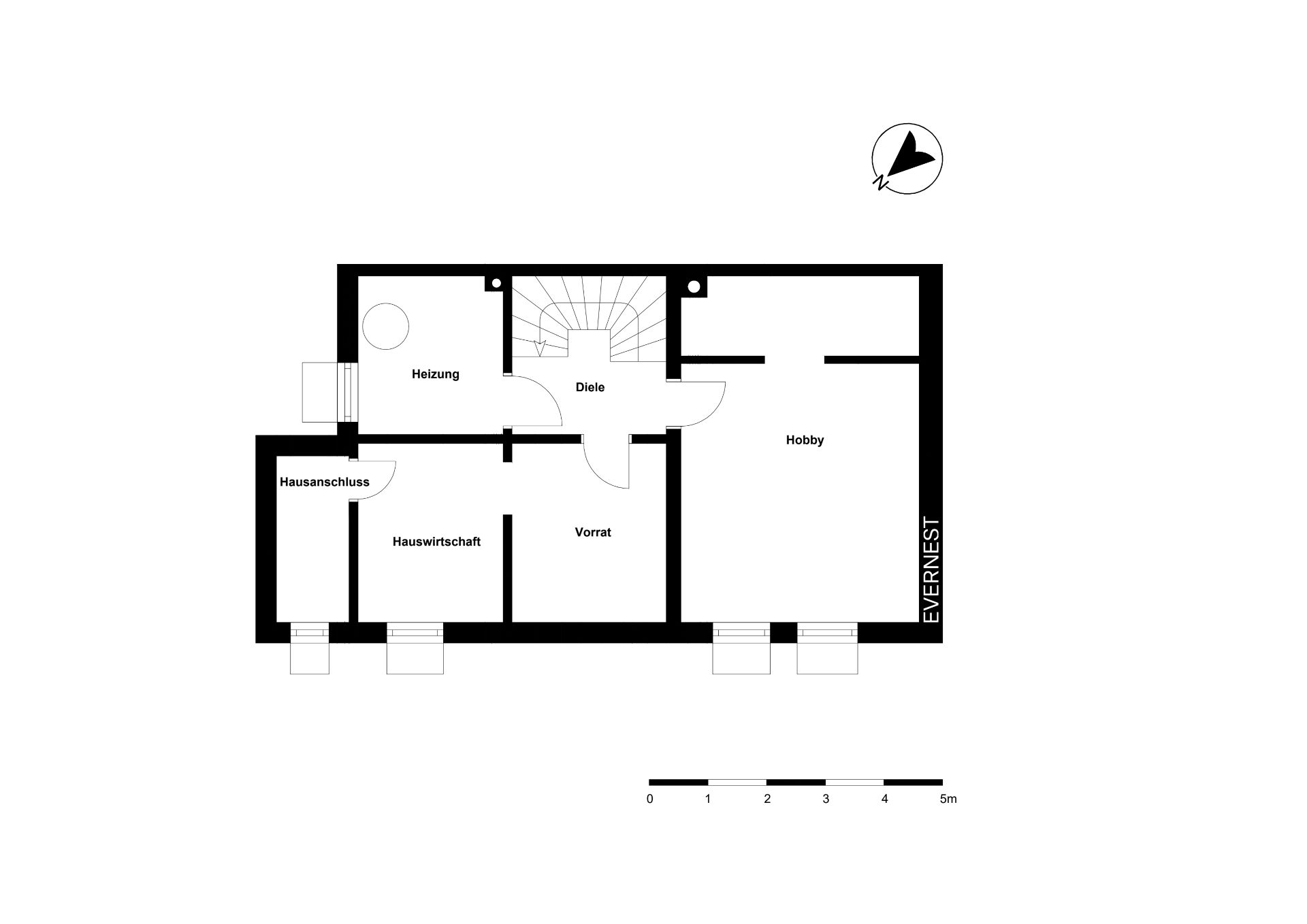 Grundriss mit Räumen: Heizung, Hausanschluss, Hauswirtschaft, Vorrat, Diele und Hobbyraum.