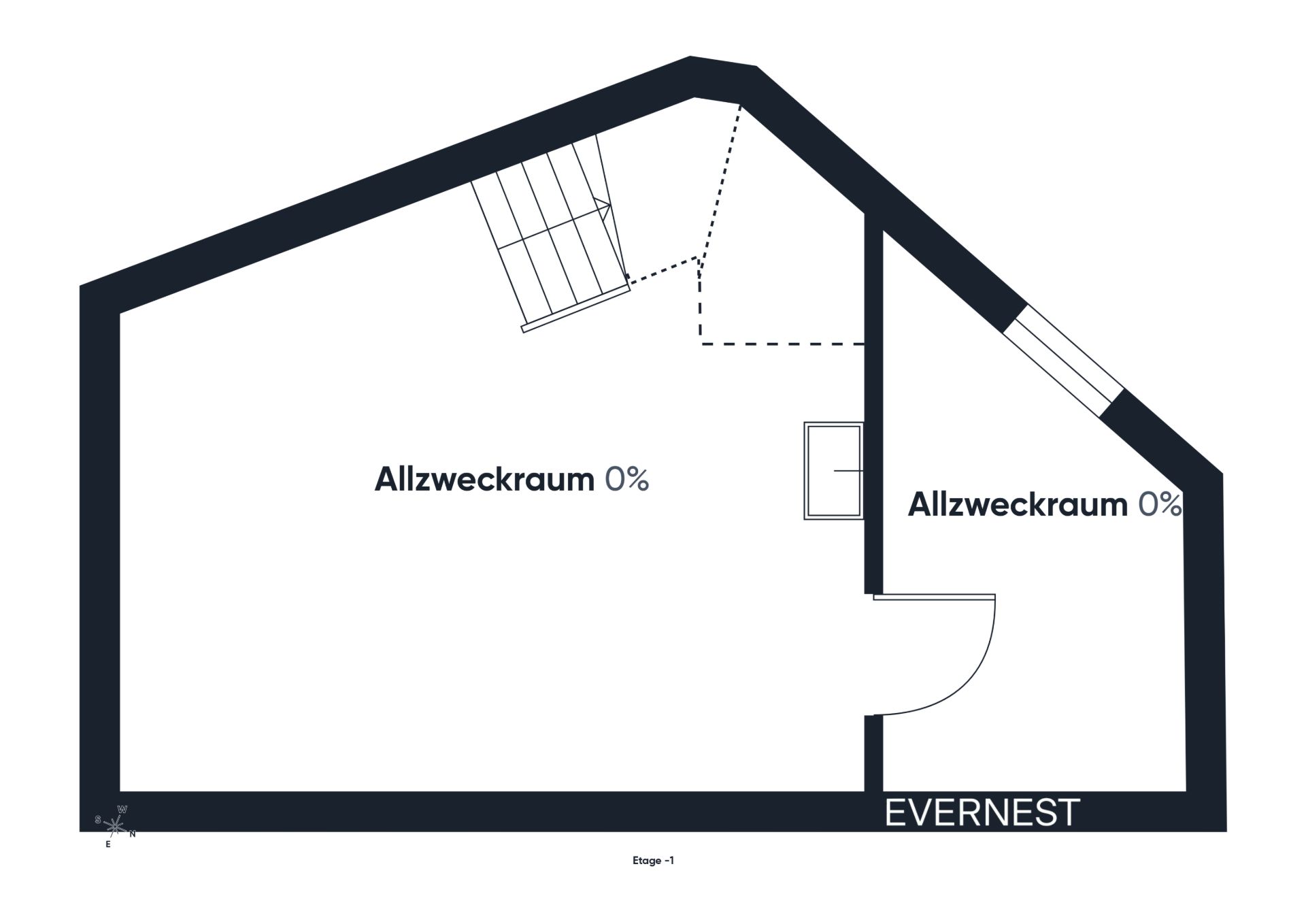 Grundriss mit zwei Allzweckräumen und einer Treppe.