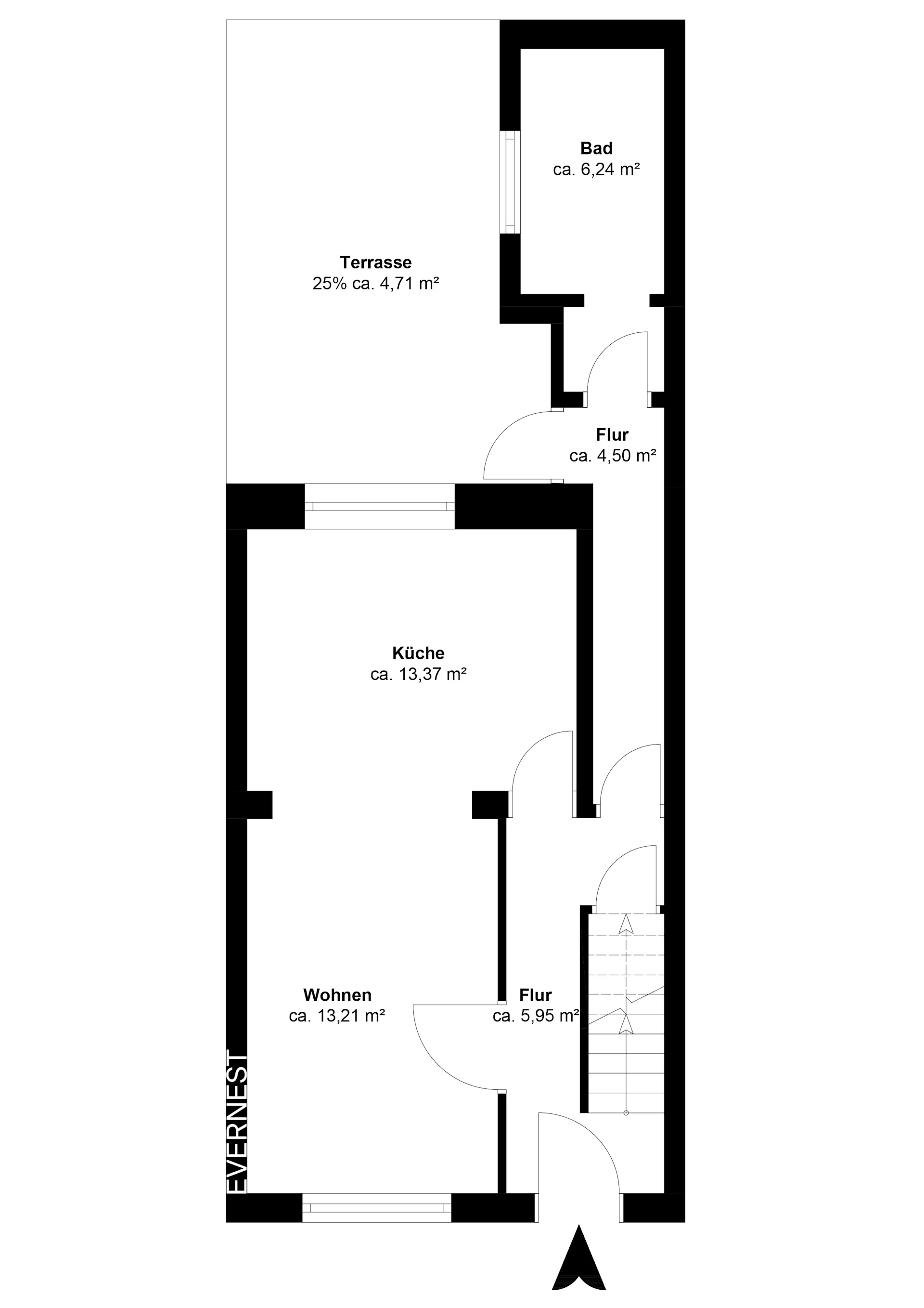 Grundriss einer Wohnung mit Wohnzimmer, Küche, Bad, zwei Fluren und Terrasse.