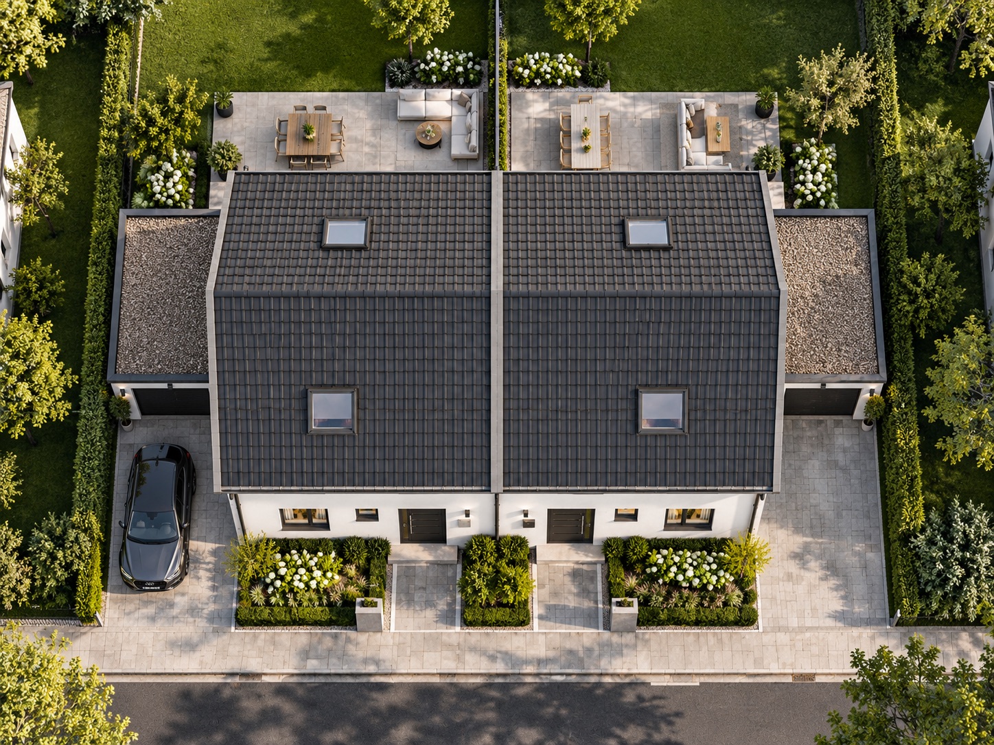 Draufsicht auf ein modernes Doppelhaus mit Garten, Terrasse, Garagen und geparktem Auto.