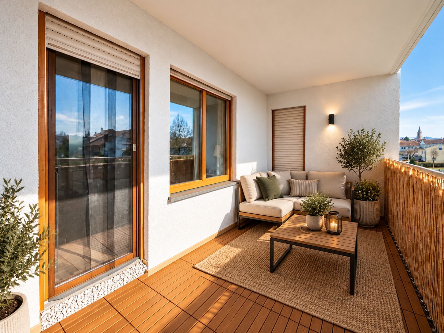 Moderne Balkonterrasse mit Sitzgruppe, Pflanzen und Holzboden.