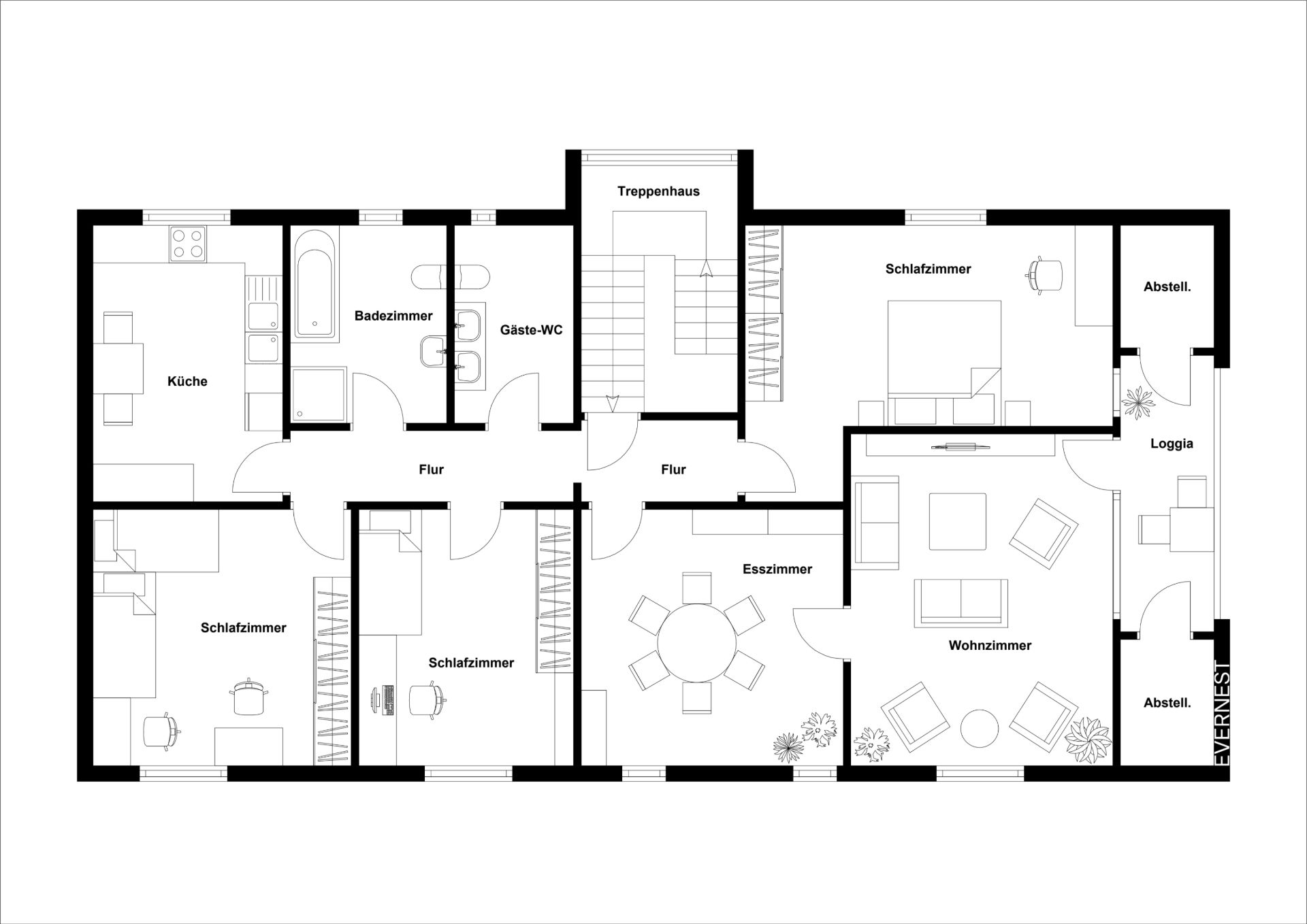 Grundriss einer Wohnung mit Küche, Wohnzimmer, Esszimmer, drei Schlafzimmern und zwei Abstellräumen.