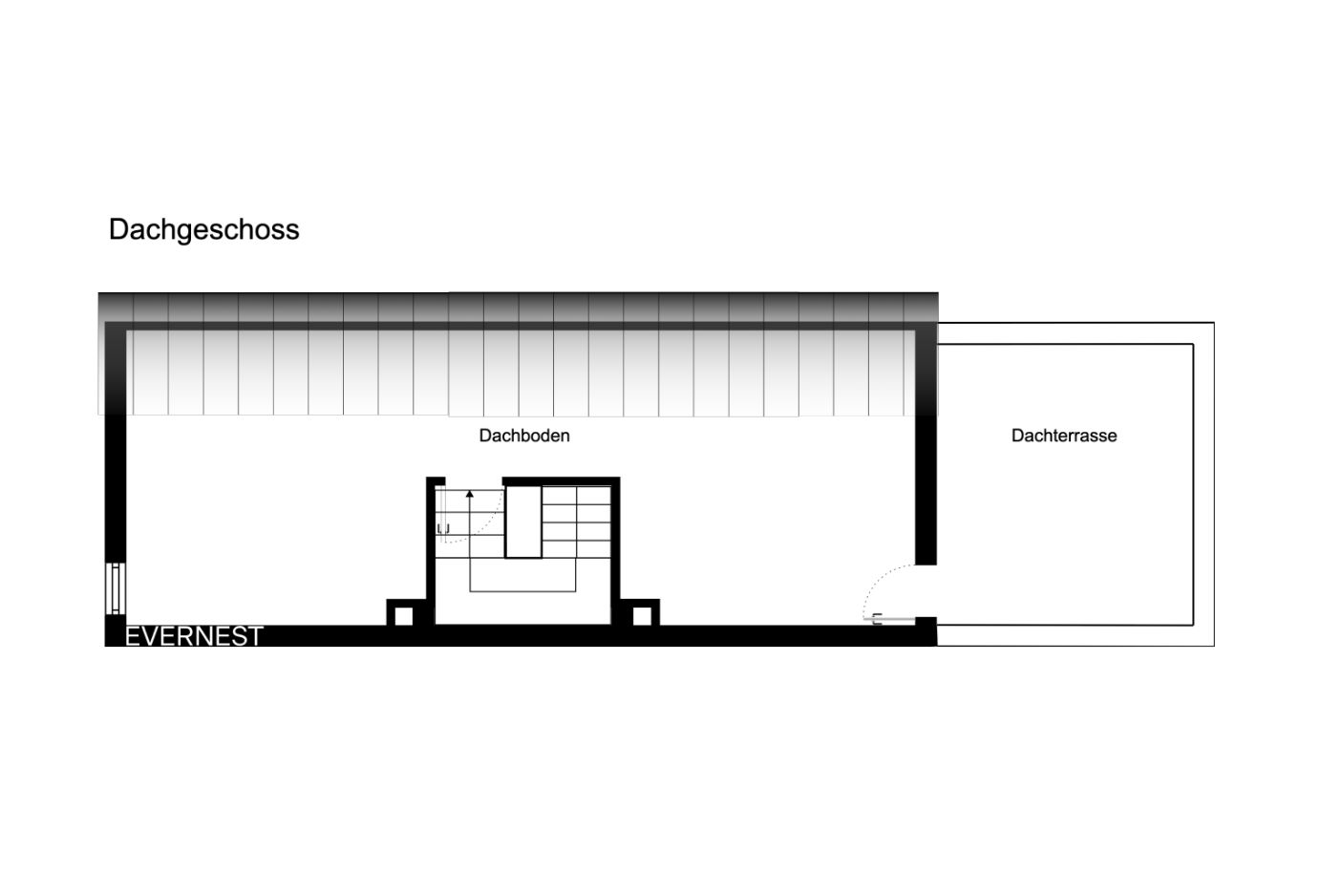 Grundriss eines Dachgeschosses mit Dachboden und Dachterrasse.