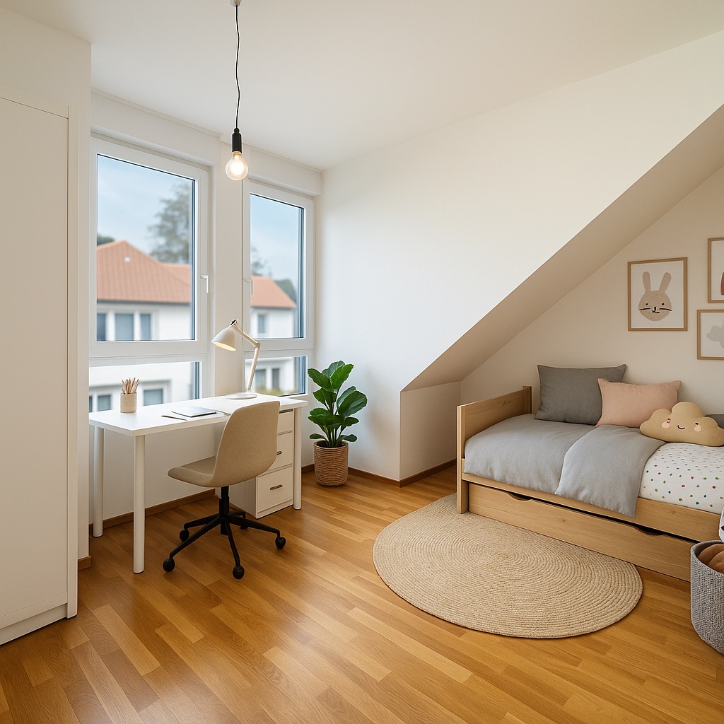 Helles Kinderzimmer mit Einzelbett, Schreibtisch, Stuhl, Pflanze und Fenstern.