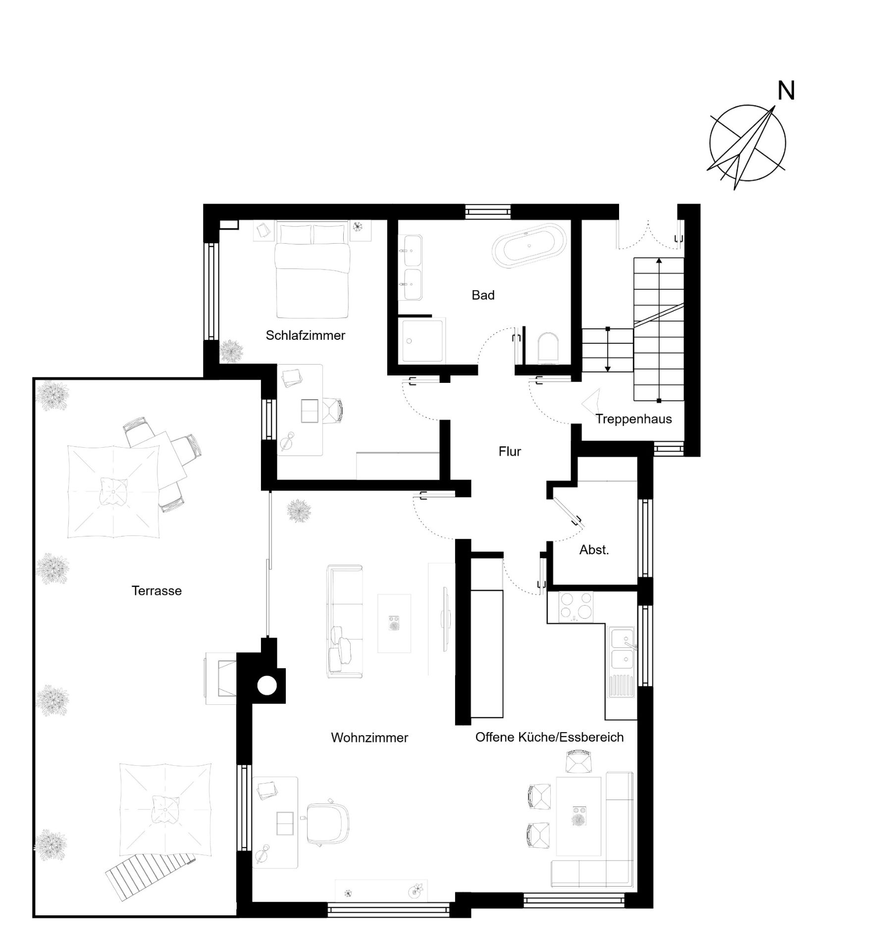 Grundriss einer Wohnung mit Schlafzimmer, Bad, Wohnzimmer, offener Küche, Flur und Terrasse.