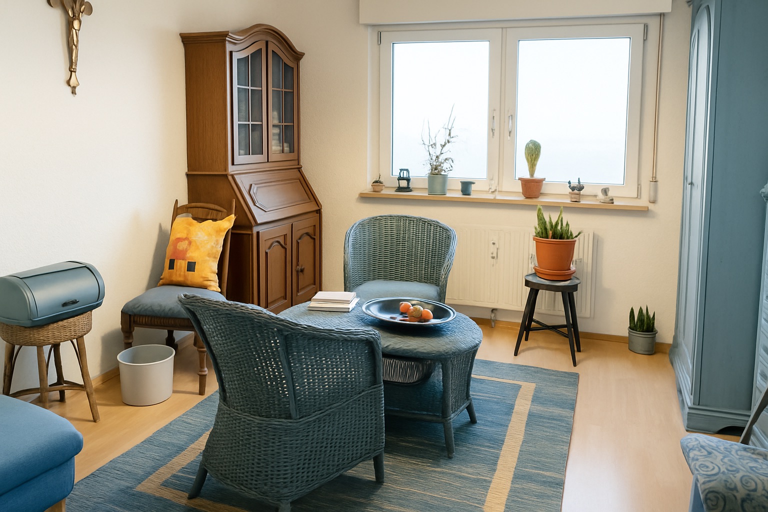 Wohnzimmer mit blauen Korbsesseln, Teppich, Pflanzen und Holzschrank vor einem Fenster.