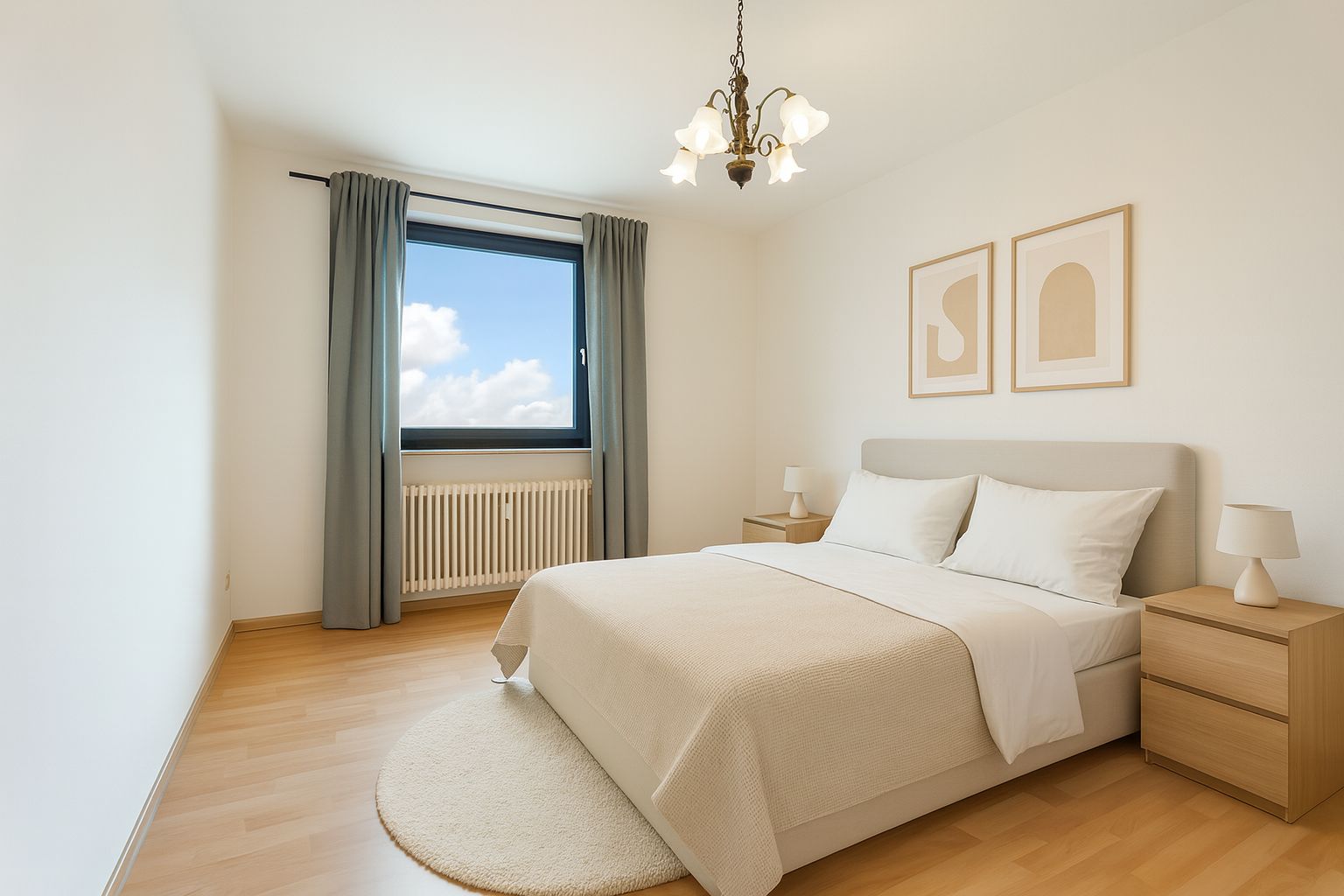 Helles Schlafzimmer mit Doppelbett, zwei Nachttischen, Fenster mit Vorhang und Wandbildern.