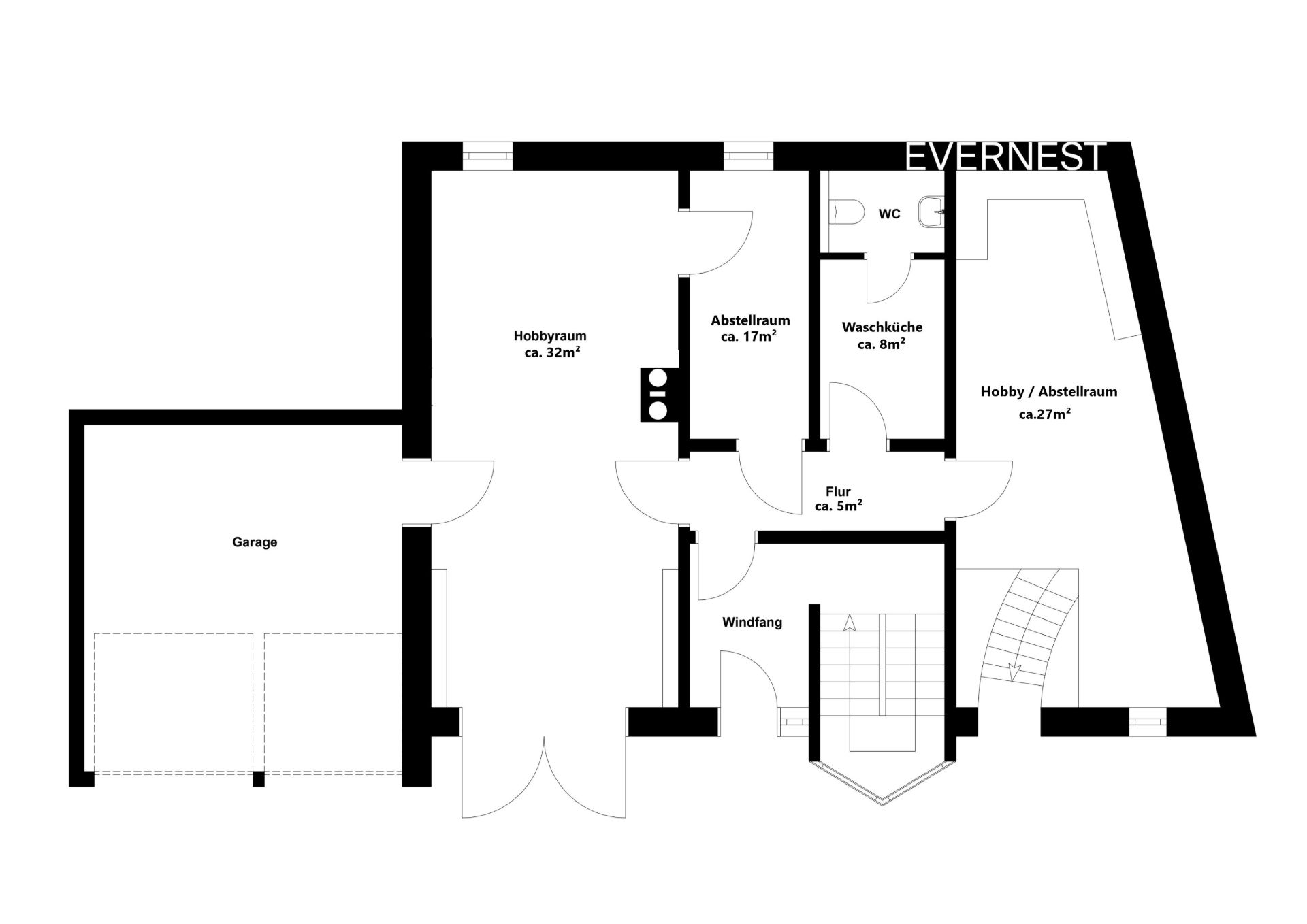 Grundriss mit Garage, Hobbyraum, Abstellraum, Waschküche, WC und Flur.