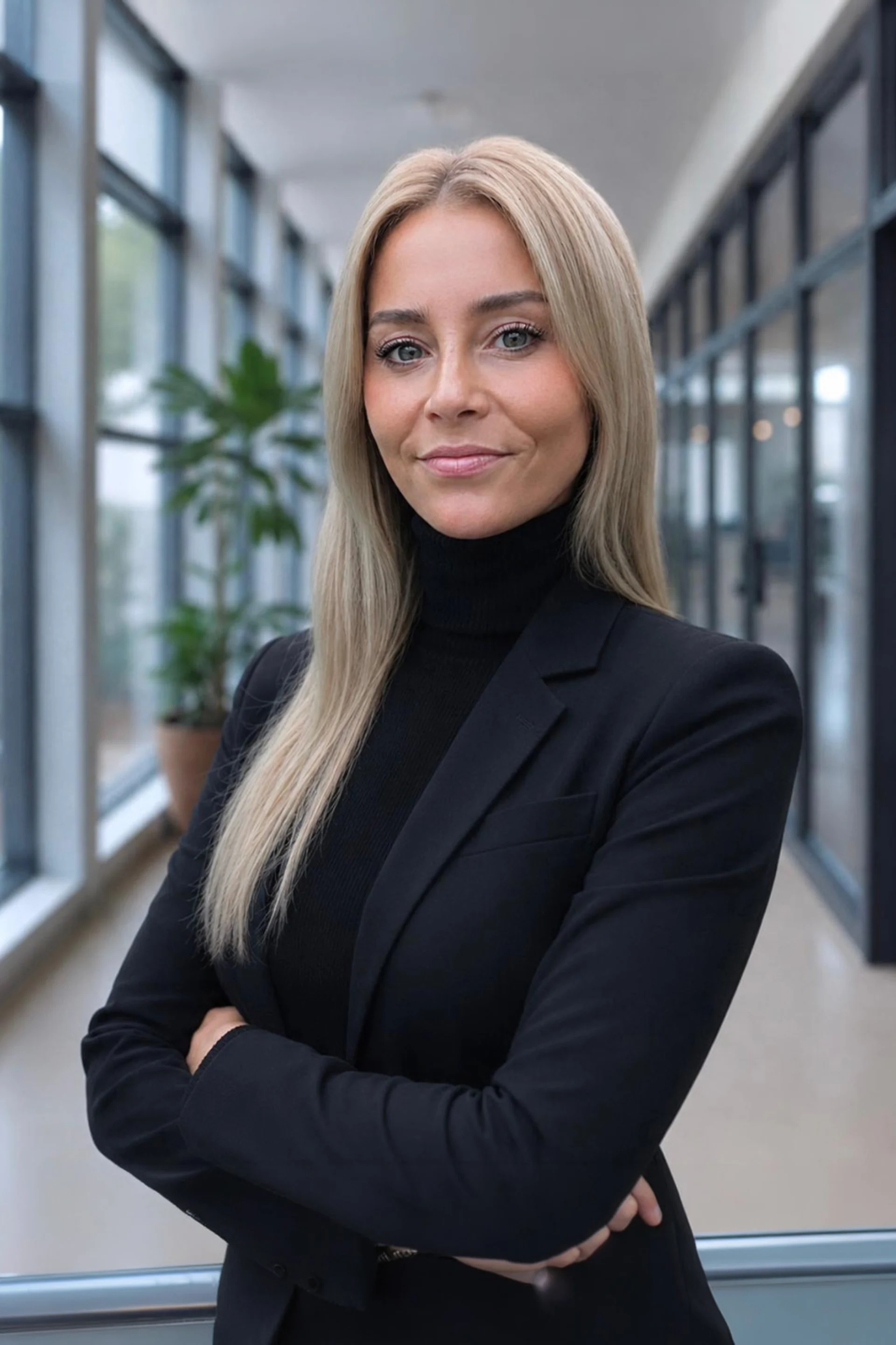 Frau mit langen blonden Haaren im weißen Blazer steht vor Glaswand.