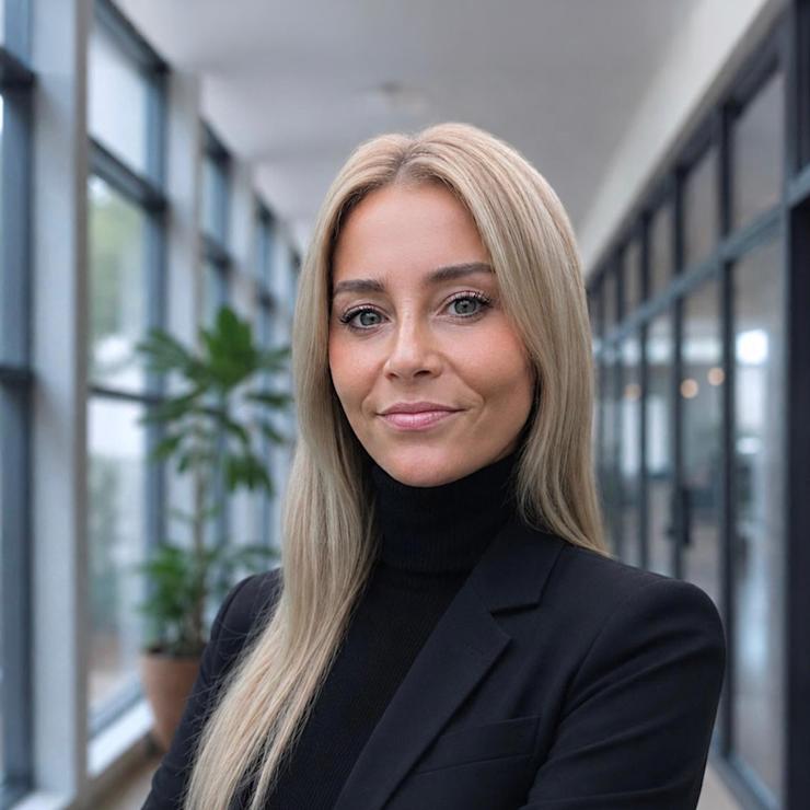 Frau mit langen blonden Haaren im weißen Blazer steht vor Glaswand.