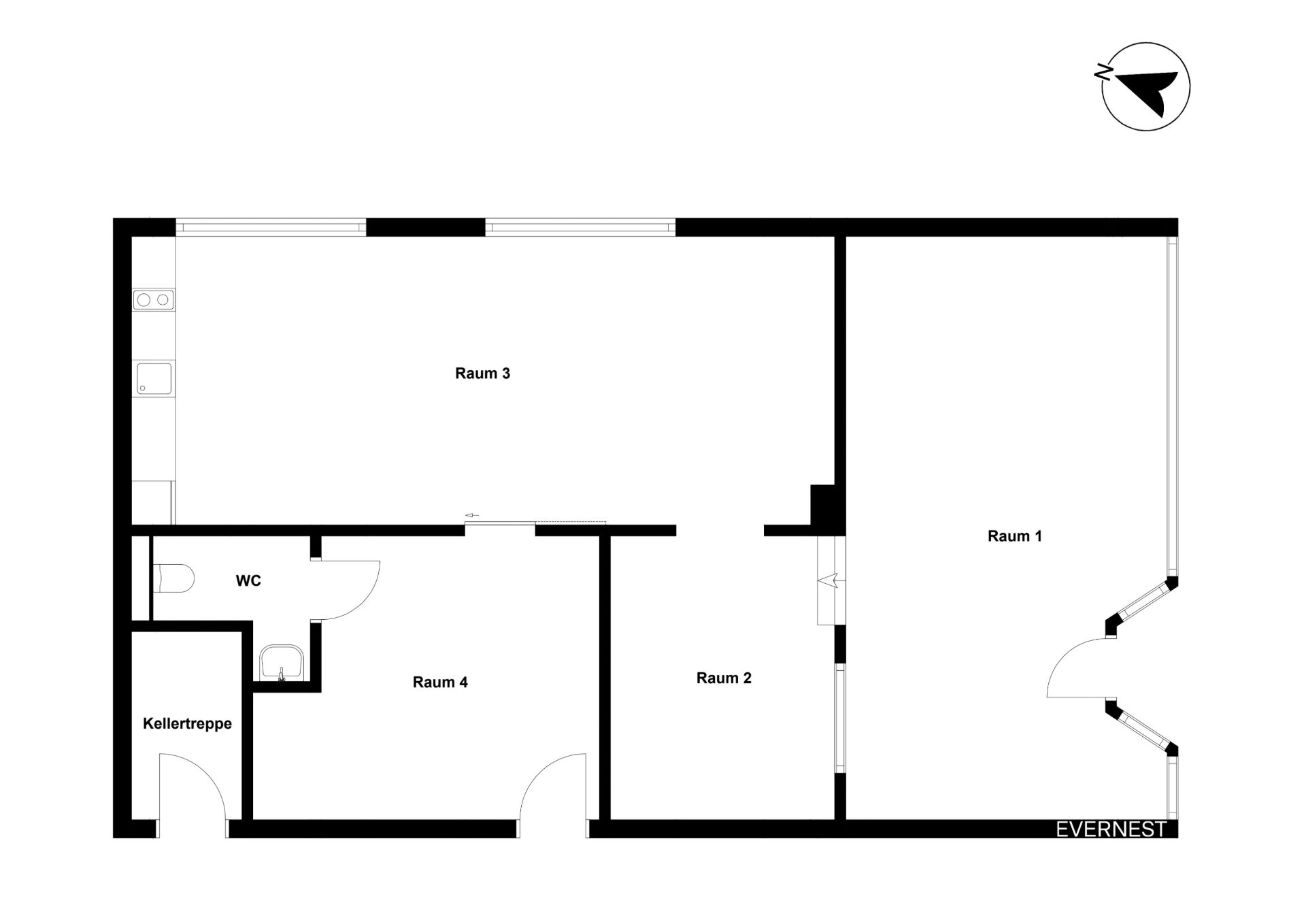 Grundriss mit vier Räumen, WC und Kellertreppe, Räume nummeriert von 1 bis 4.