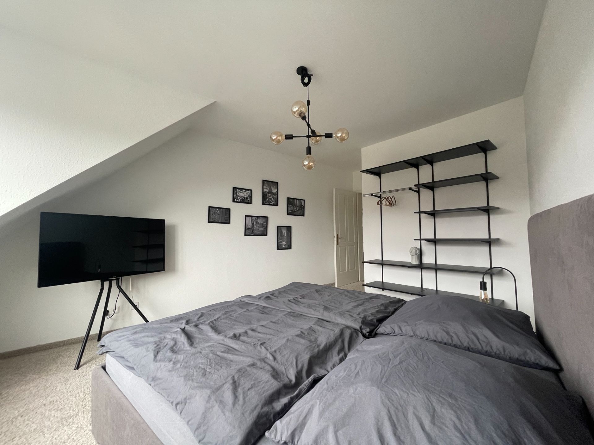 Modernes Schlafzimmer mit grauem Bett, TV, Wandbildern und Regalwand.