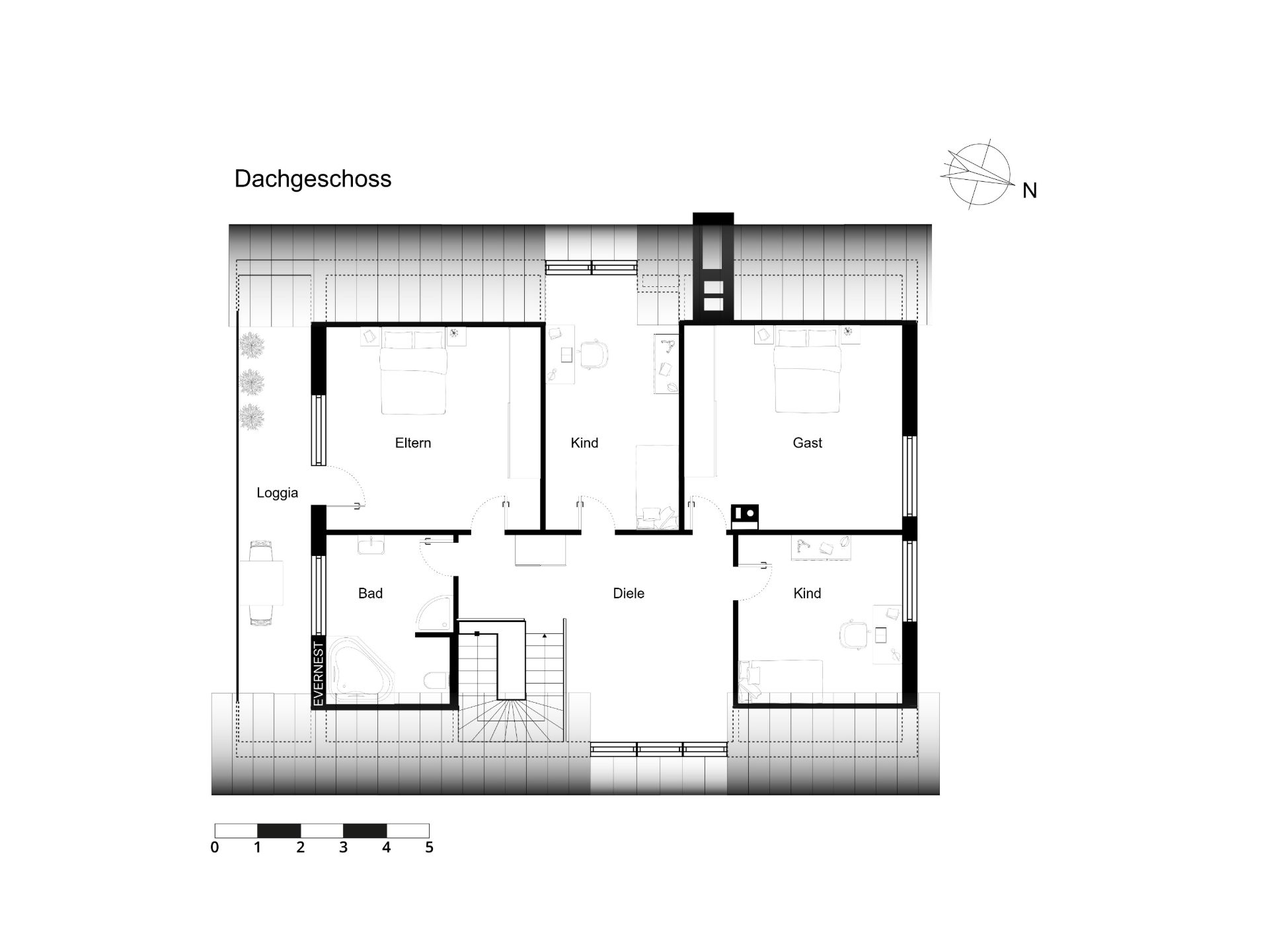 Grundriss eines Dachgeschosses mit Eltern-, Kind-, Gästezimmer, Bad, Diele und Loggia.