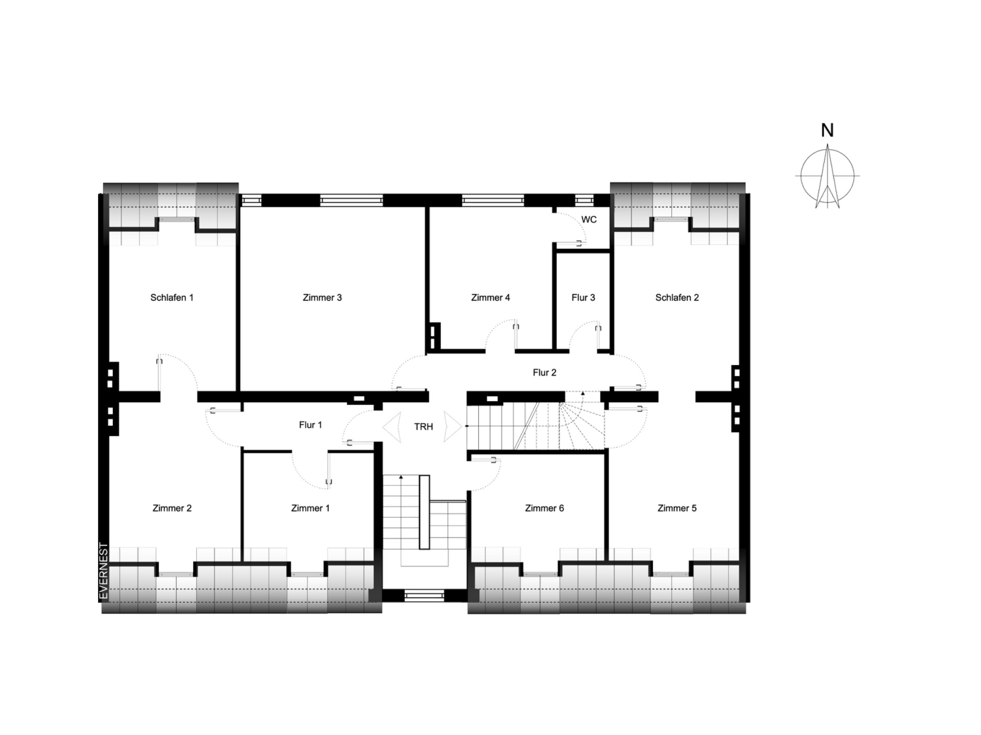 Grundriss mit sechs Zimmern, zwei Schlafzimmern, Fluren, Treppe und WC.