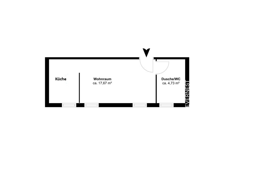 Grundriss mit Küche, Wohnraum und Dusche/WC, jeweils beschriftet und mit Flächenangaben.