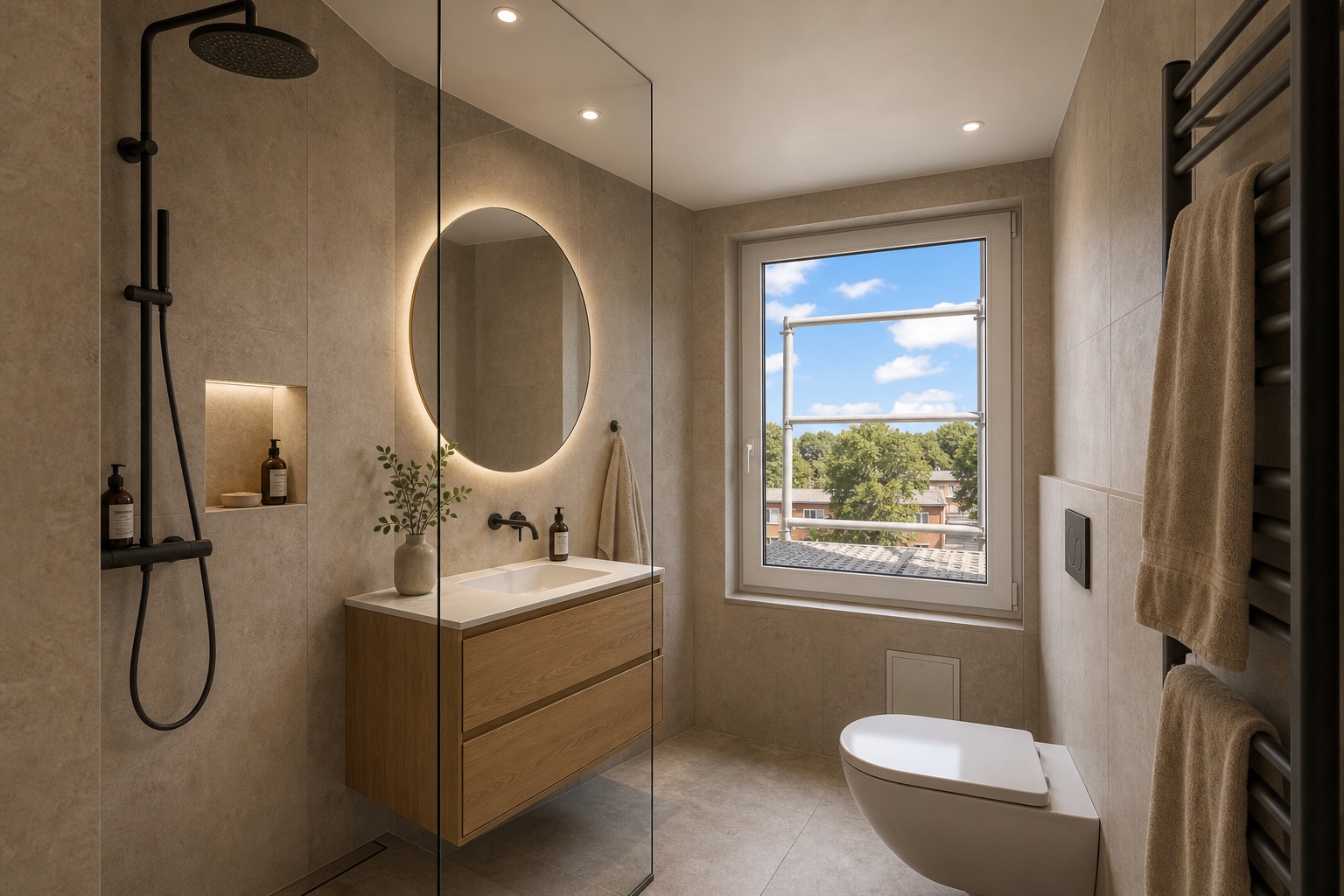 Modernes Badezimmer mit Dusche, rundem Spiegel, Waschbecken und Fenster mit Blick nach draußen.