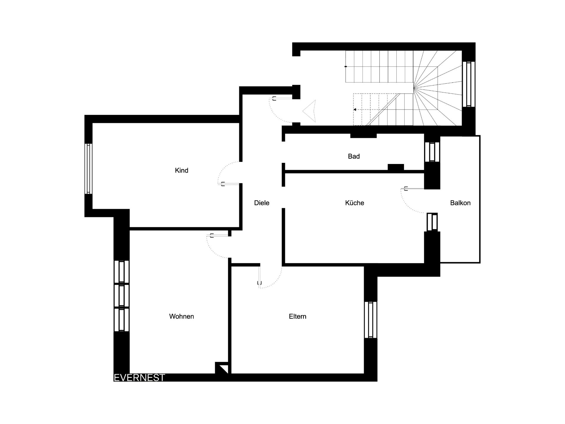 Grundriss einer Wohnung mit Zimmern: Kind, Wohnen, Eltern, Diele, Bad, Küche und Balkon.