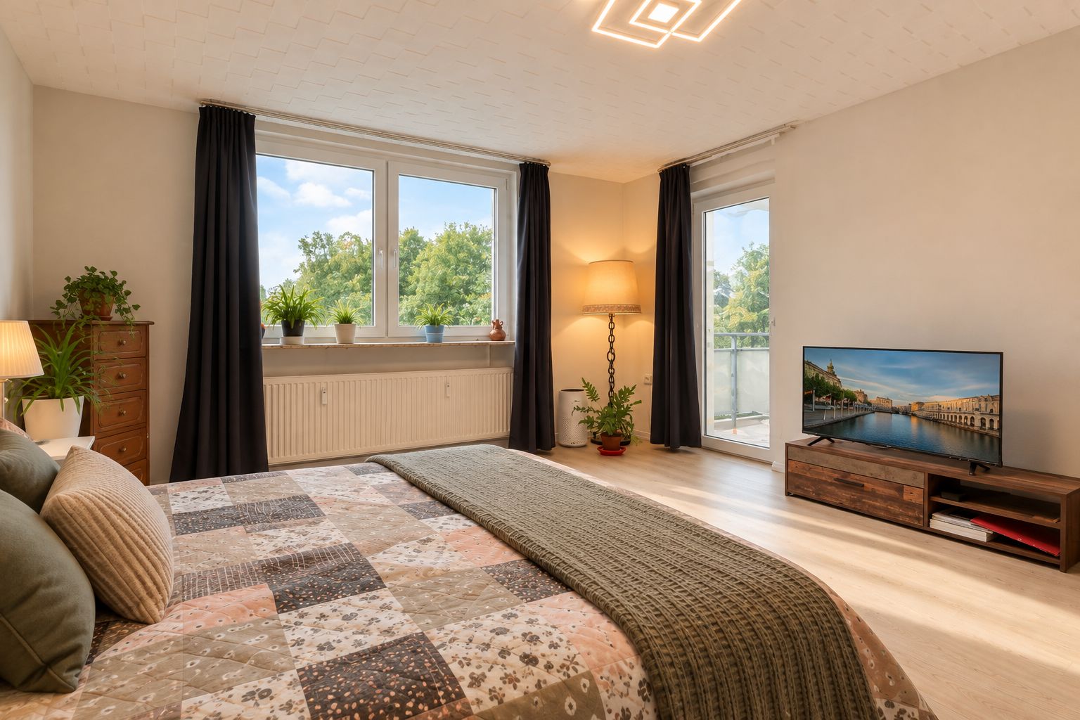 Helles Schlafzimmer mit Doppelbett, Fernseher, großen Fenstern und Blick auf grüne Bäume.