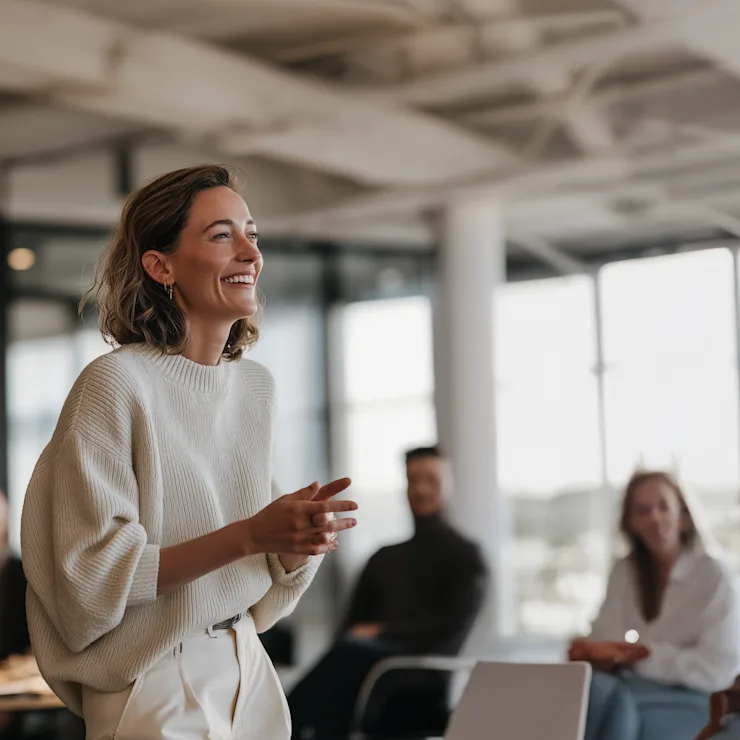 Frau steht lächelnd in einem hellen Raum mit mehreren Personen im Hintergrund.