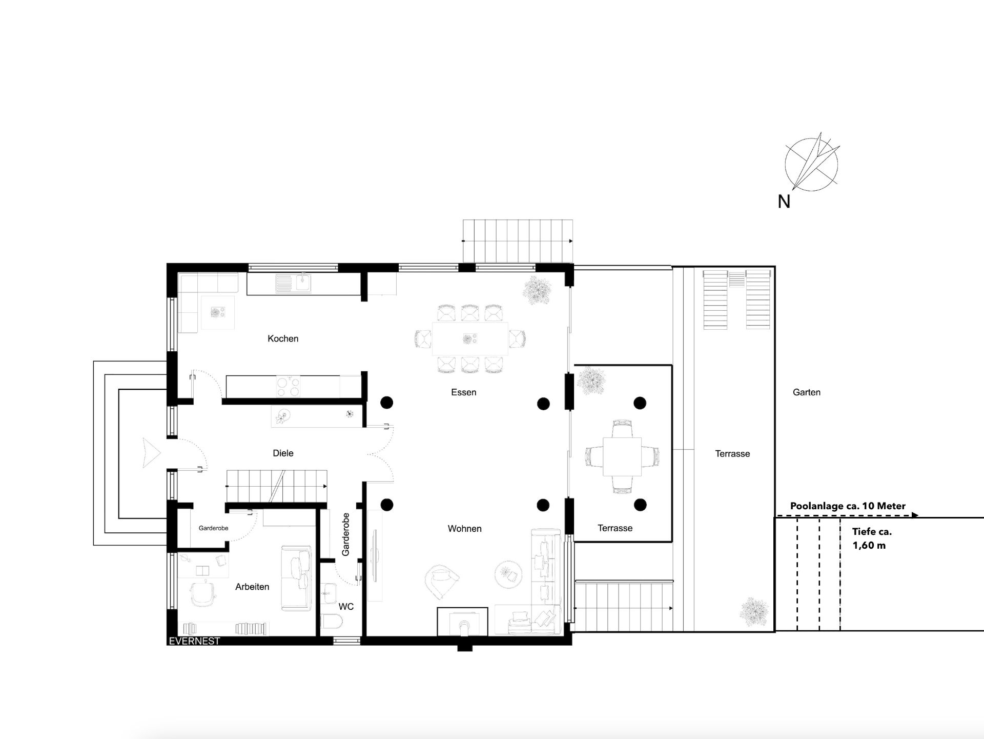 Grundriss eines Hauses mit Küche, Essbereich, Wohnzimmer, Terrasse und Poolanlage.