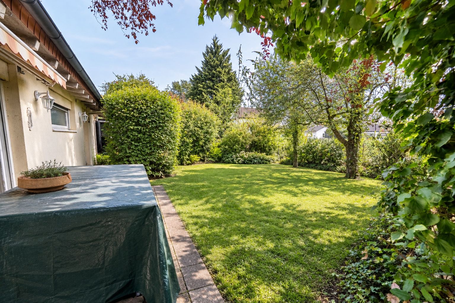 Garten mit Rasen, Bäumen und Sträuchern neben einem Wohnhaus an einem sonnigen Tag.