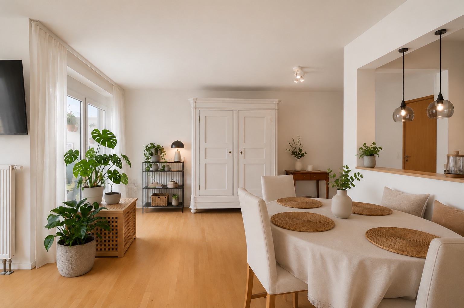 Helles Wohnzimmer mit Esstisch, weißen Möbeln und mehreren grünen Zimmerpflanzen.