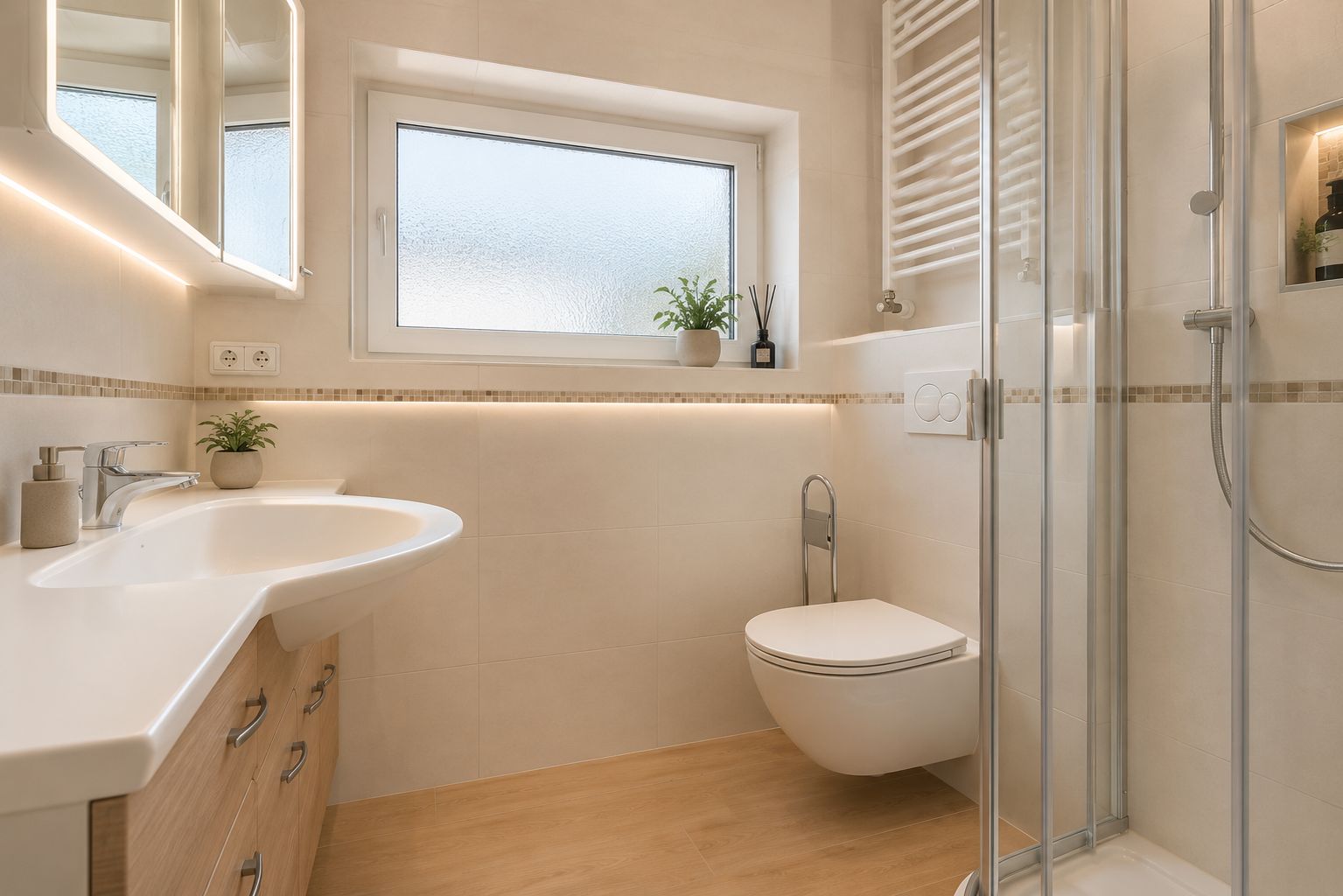 Modernes Badezimmer mit Waschbecken, Toilette, Dusche und Fenster.