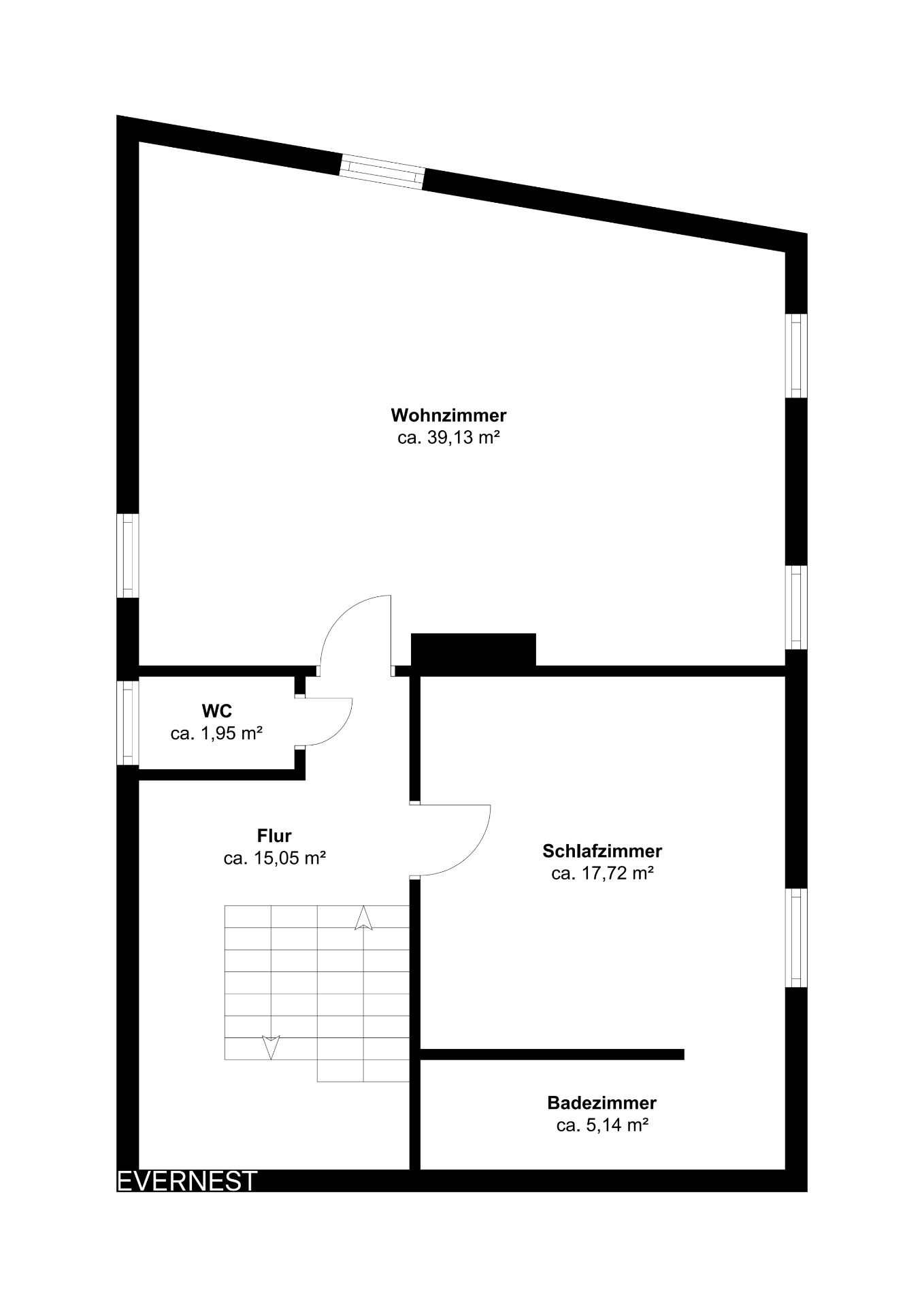 Grundriss mit Wohnzimmer, Schlafzimmer, Badezimmer, WC und Flur, Flächen in Quadratmetern angegeben.