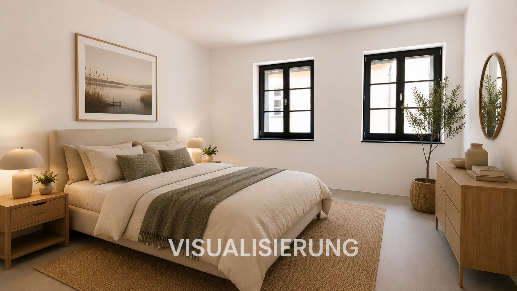 Helles Schlafzimmer mit Doppelbett, zwei Fenstern, Nachttischen, Kommode und Pflanzen.