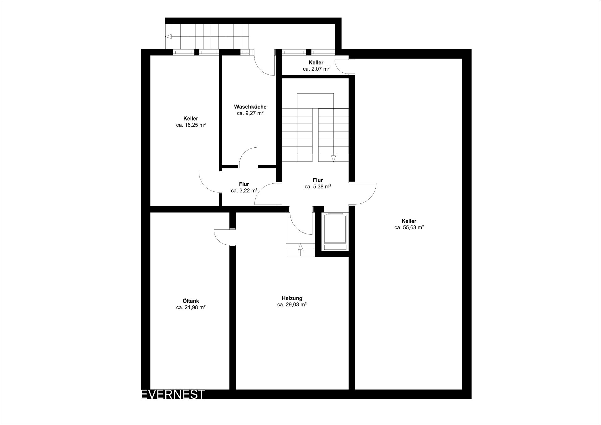 Grundriss mit mehreren Kellerräumen, Waschküche, Heizungsraum, Öltank und Fluren.