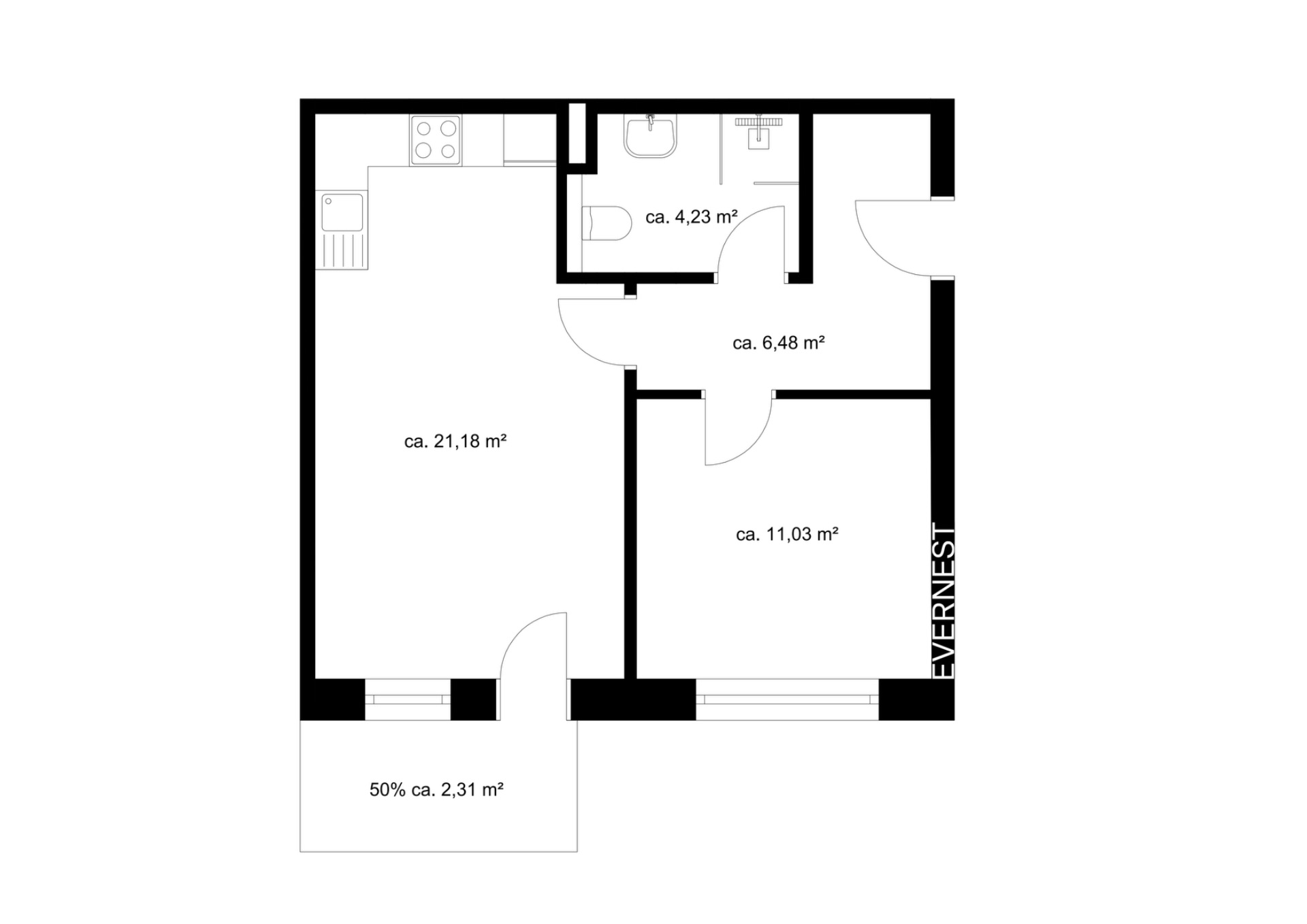 Grundriss einer Wohnung mit Küche, Bad, zwei Zimmern und Flur, Flächen in Quadratmetern angegeben.