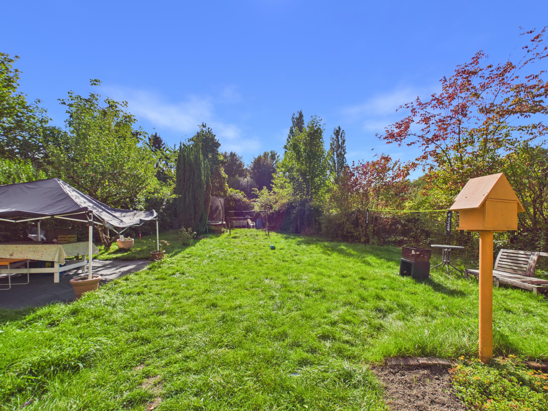 Grüner Garten mit Rasen, Bäumen, Holzbank, Vogelhaus und überdachtem Sitzbereich.