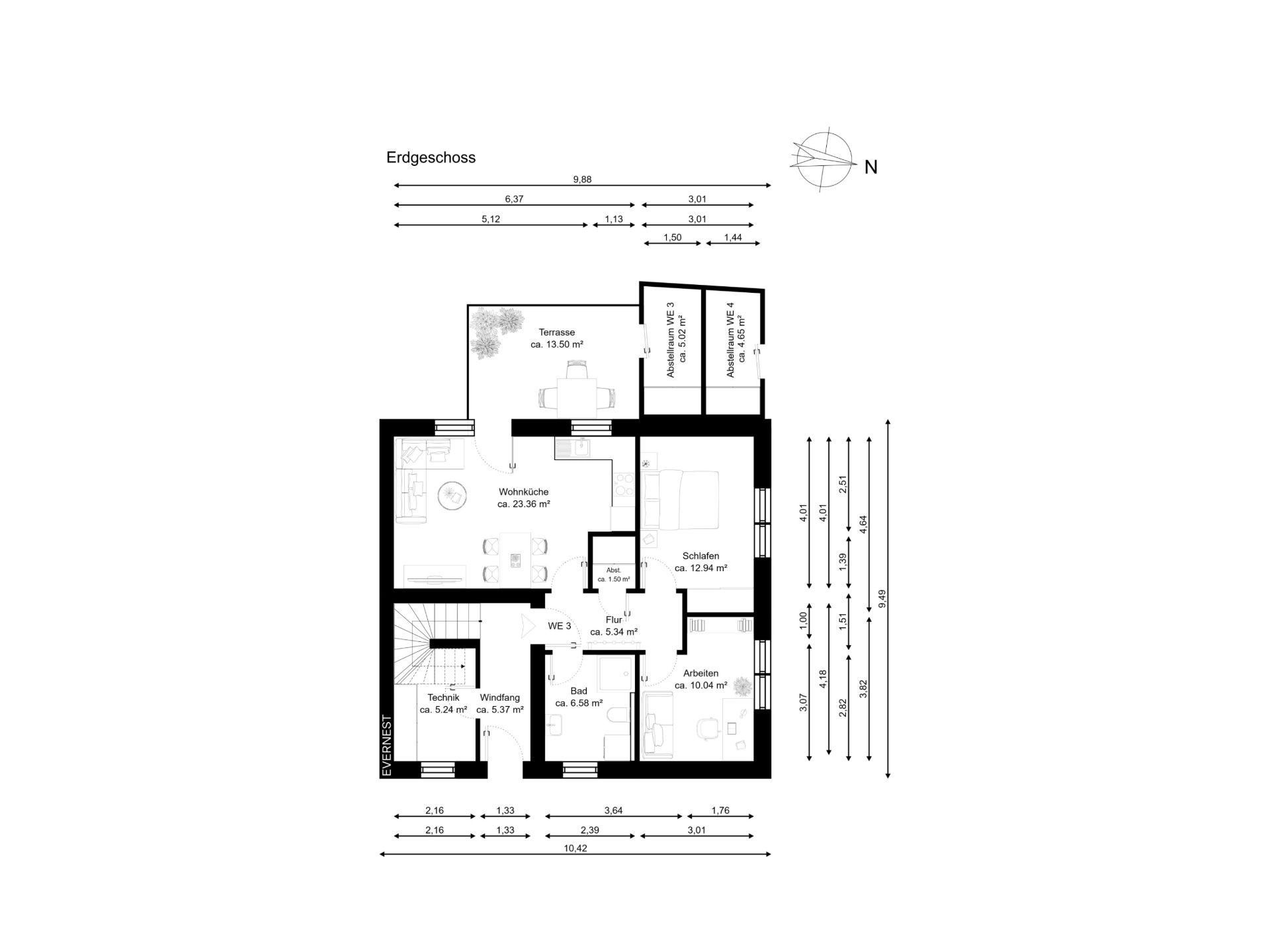 Grundriss des Erdgeschosses mit Wohnzimmer, Schlafzimmer, Bad, Terrasse und weiteren Räumen.