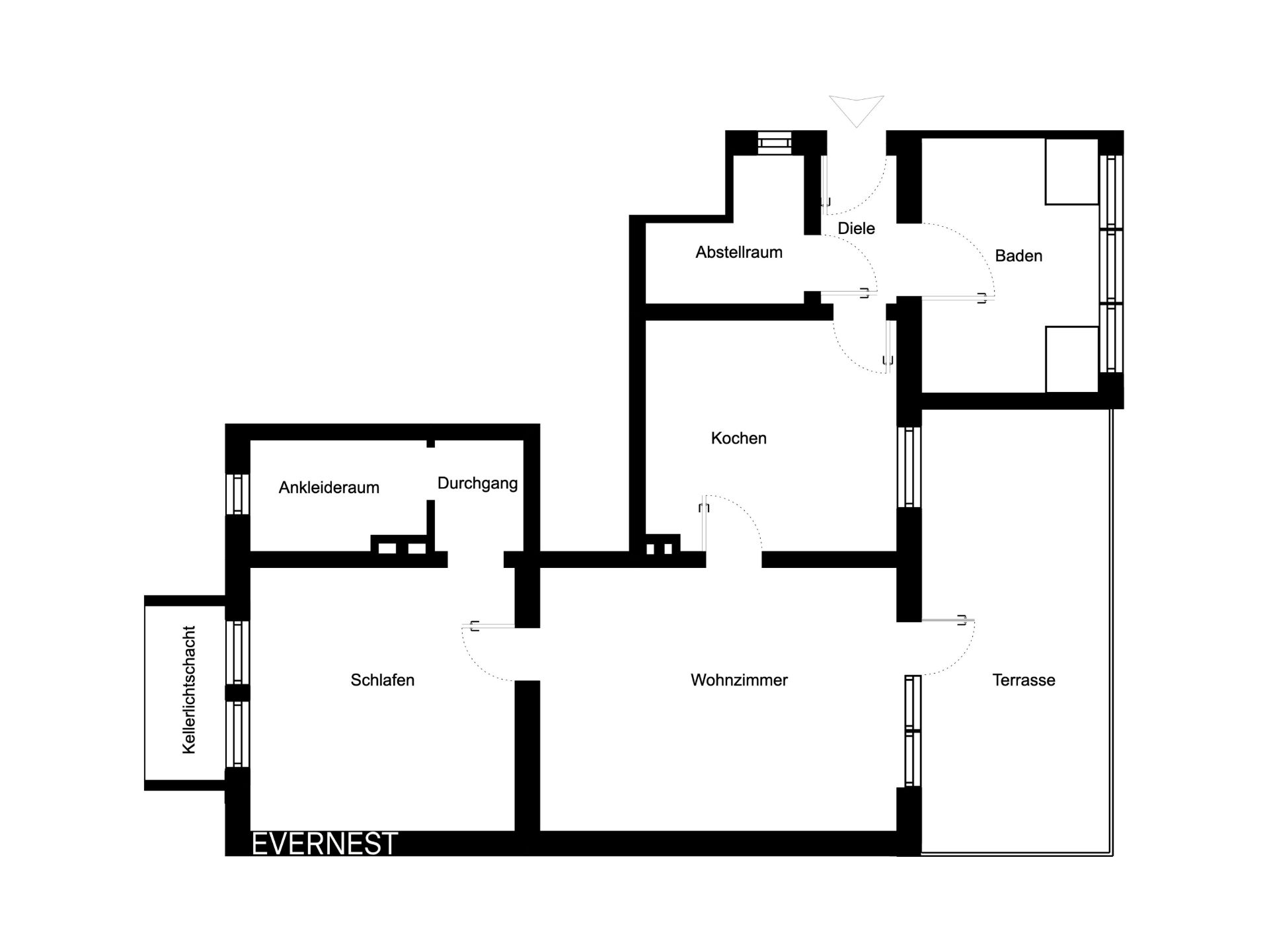 Grundriss einer Wohnung mit Wohnzimmer, Schlafzimmer, Bad, Küche und Terrasse.