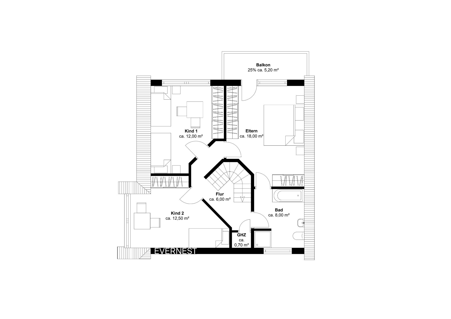 Grundriss mit zwei Kinderzimmern, Elternschlafzimmer, Bad, Flur und Balkon.