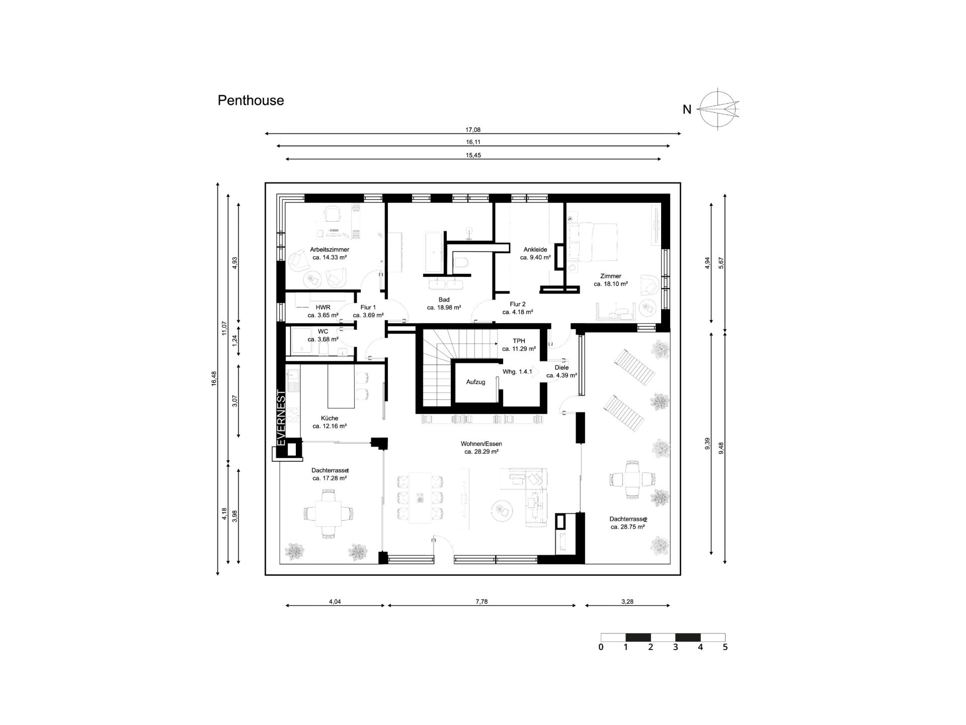 Grundriss einer Penthouse-Wohnung mit Zimmern, Küche, Bad, Wohnzimmer und Dachterrasse.