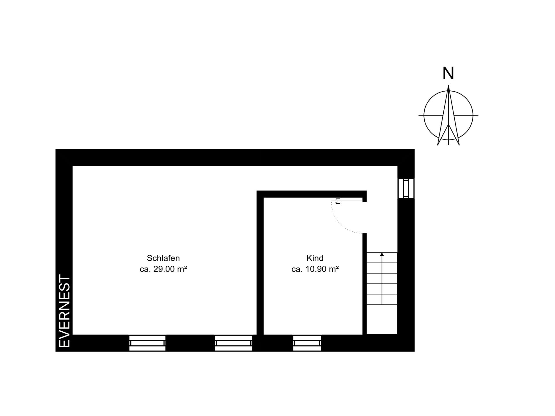 Grundriss mit Schlafzimmer, Kinderzimmer und Treppenaufgang.