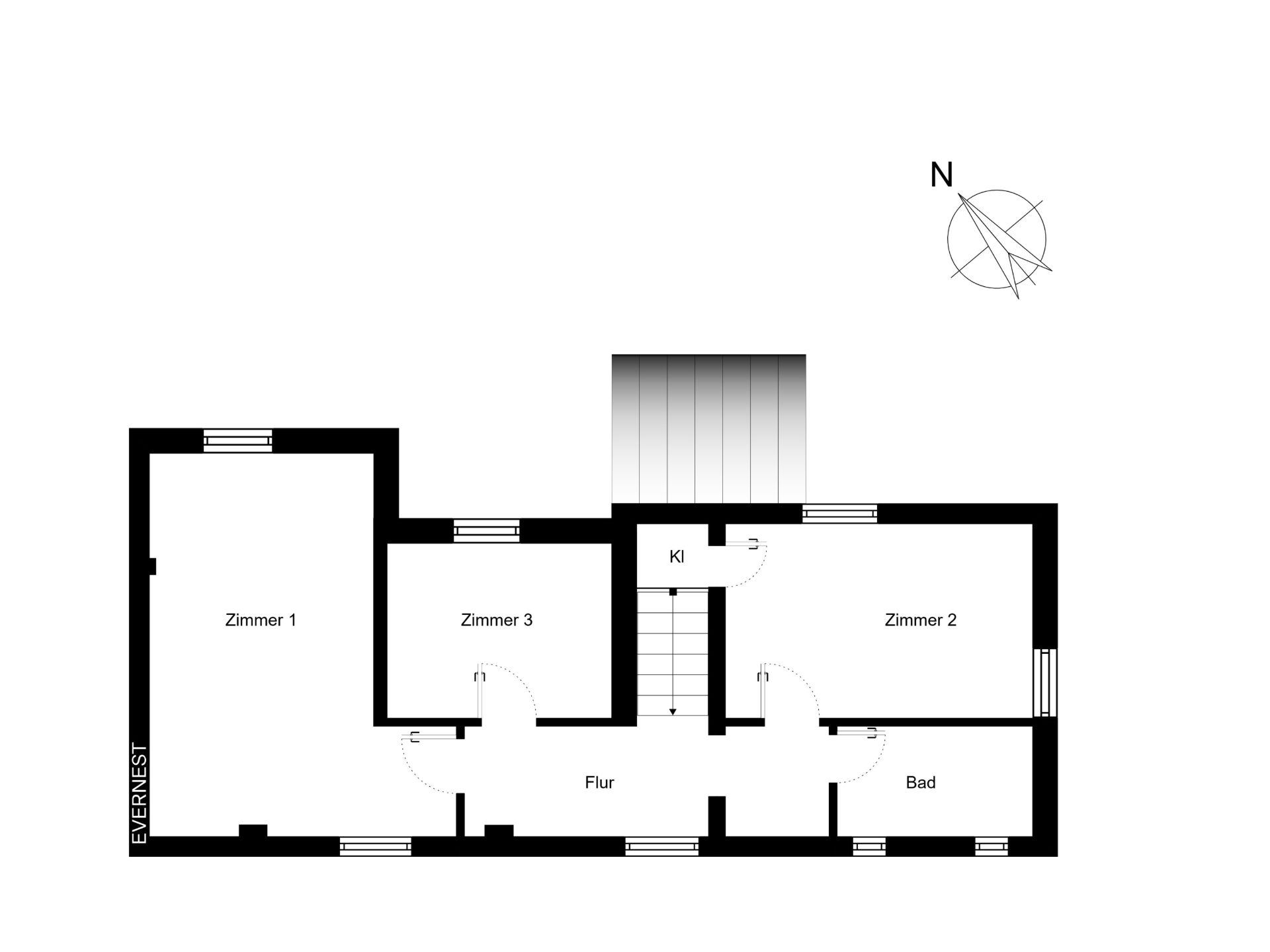 Grundriss mit drei Zimmern, Bad, Flur, Treppe und kleinem Abstellraum.
