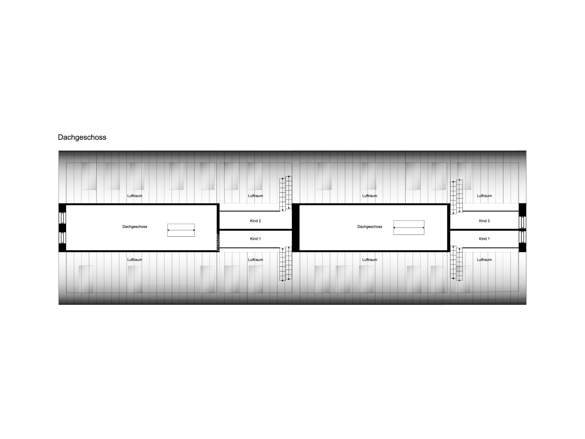 Grundriss eines Dachgeschosses mit zwei großen Räumen und mehreren Kinderzimmern.