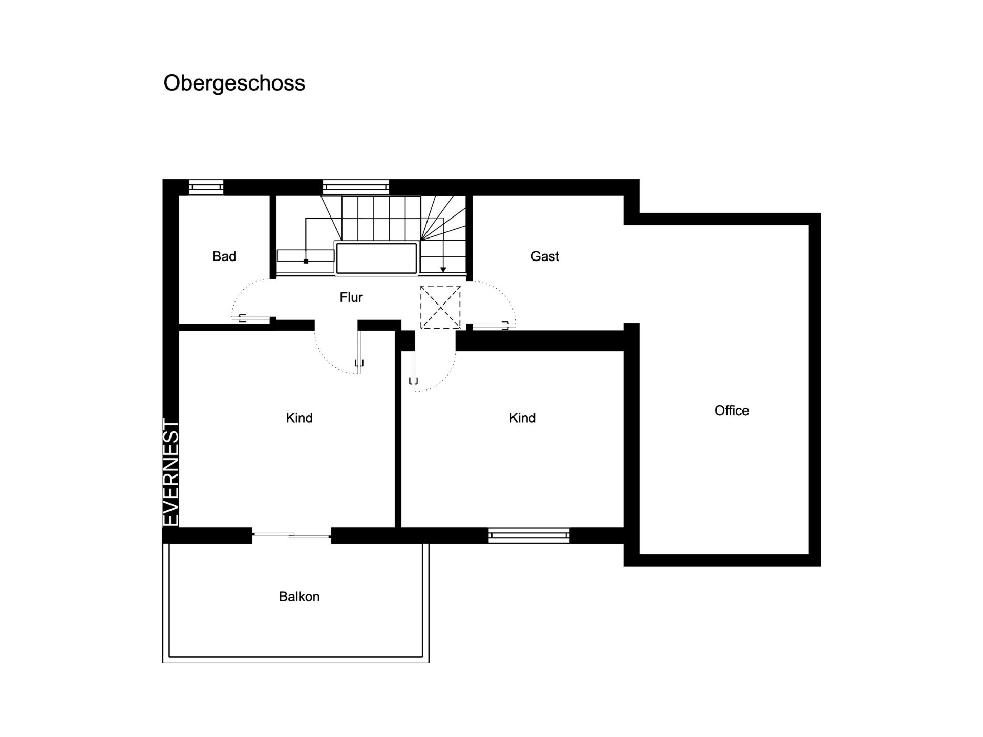 Grundriss des Obergeschosses mit Bad, Flur, zwei Kinderzimmern, Gästezimmer, Büro und Balkon.