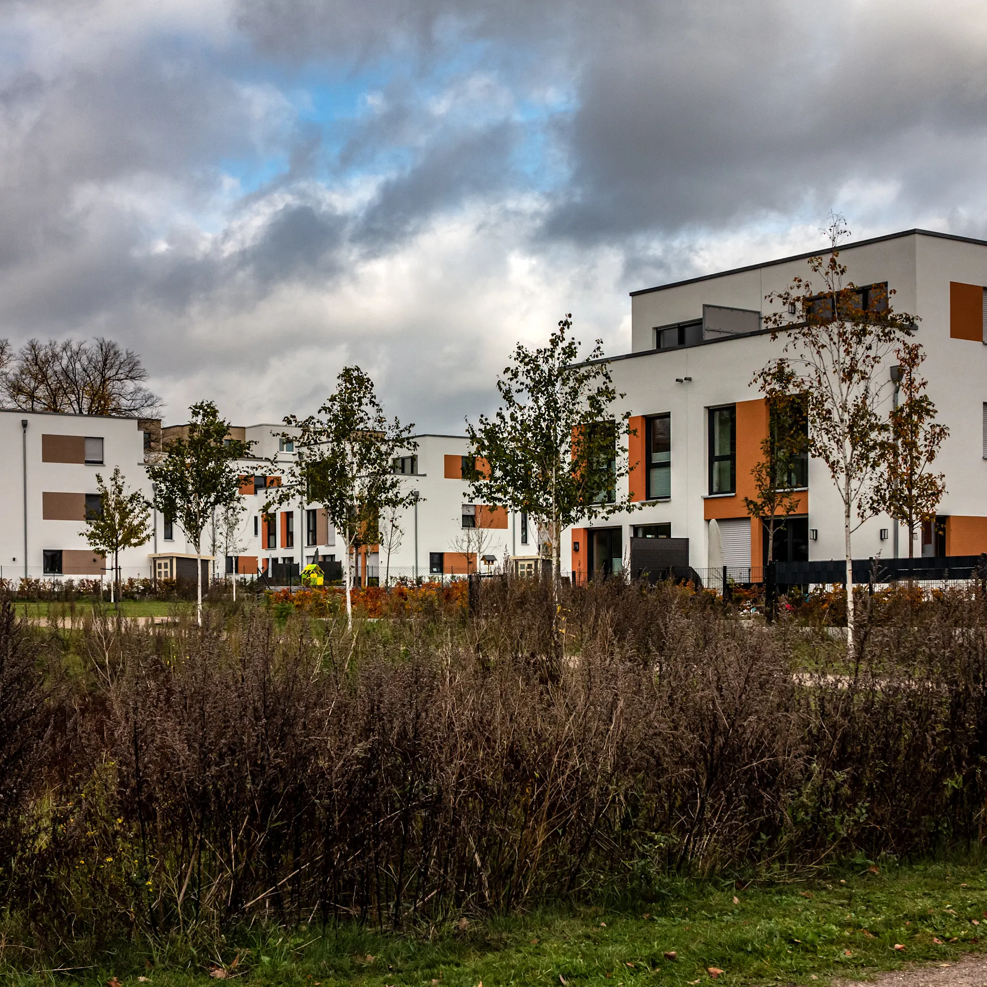Moderne, weiße Wohngebäude mit orangefarbenen Fensterläden, umgeben von jungen Bäumen und Sträuchern.
