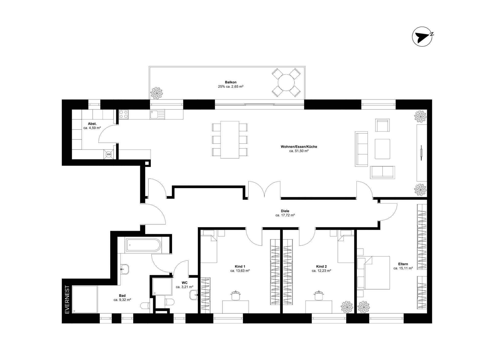 Grundriss einer Wohnung mit Balkon, Wohnzimmer, Küche, Bad, WC und drei Schlafzimmern.