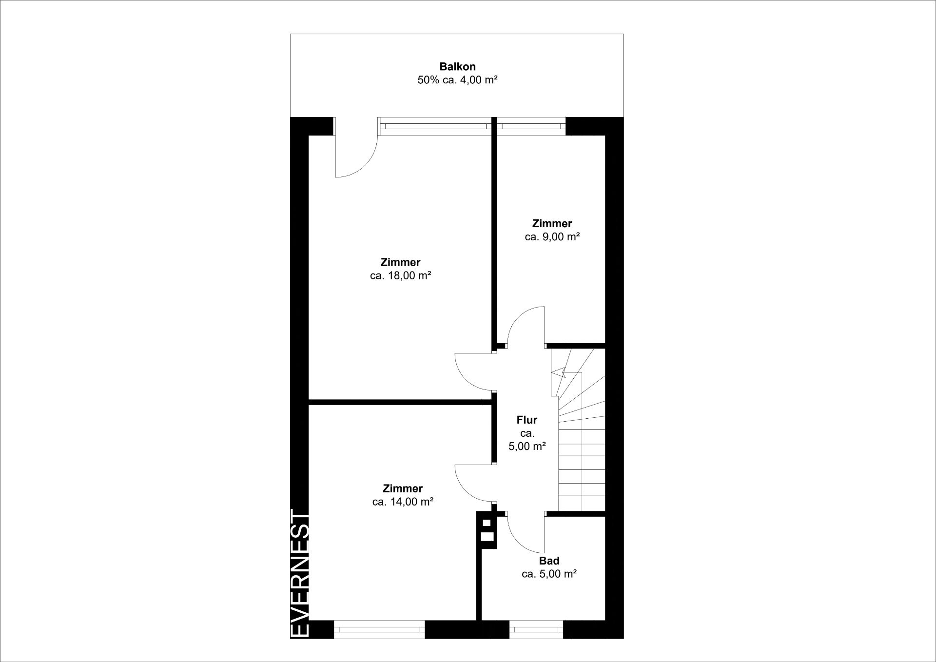 Grundriss mit drei Zimmern, Bad, Flur und Balkon, Flächenangaben in Quadratmetern.