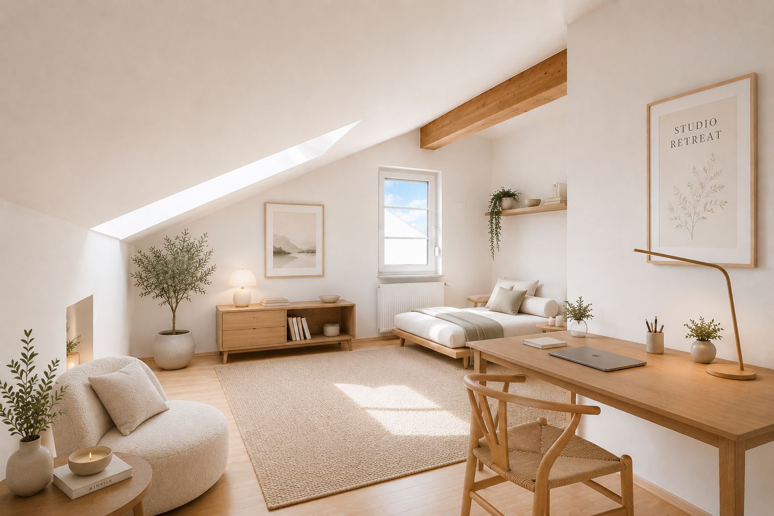 Helles, minimalistisch eingerichtetes Zimmer mit Schreibtisch, Bett, Sessel und großem Fenster.