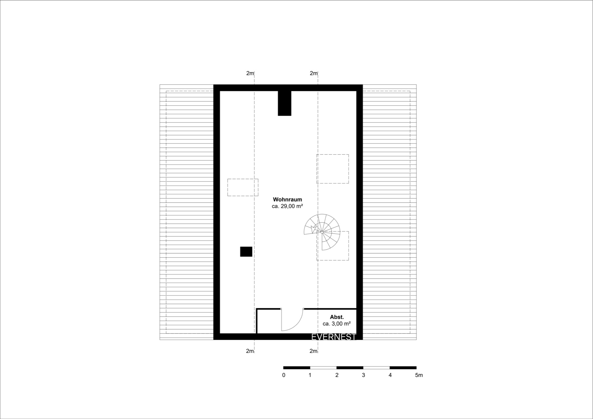 Grundriss mit Wohnraum, Abstellraum und Wendeltreppe, Maße und Flächenangaben sind eingezeichnet.