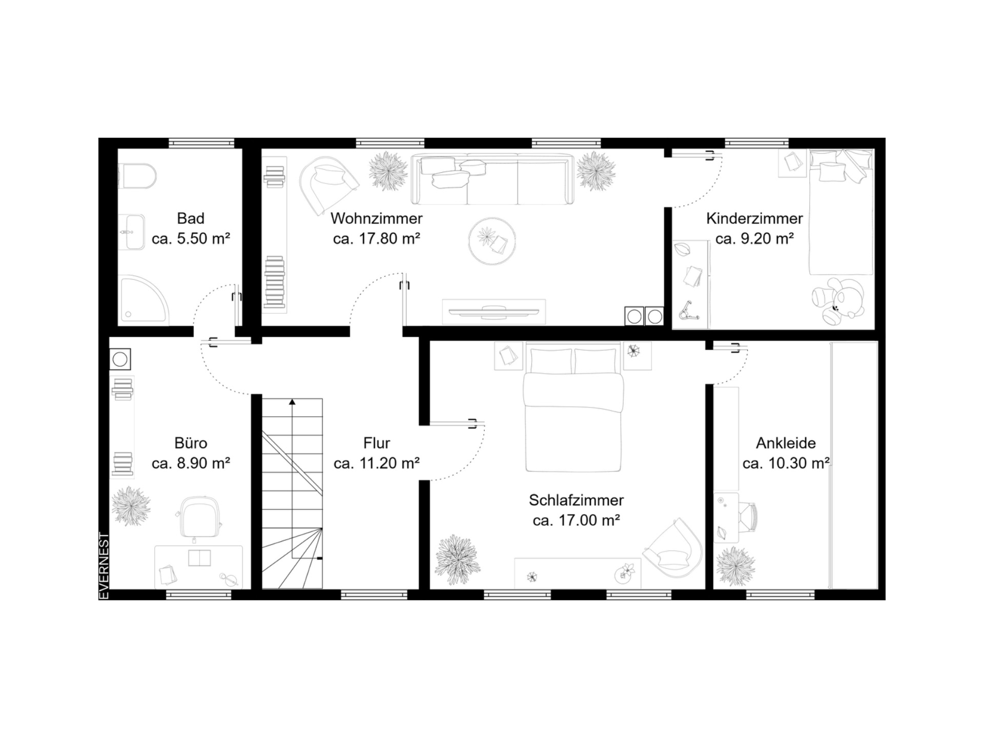Grundriss einer Wohnung mit Wohnzimmer, Schlafzimmer, Bad, Büro, Kinderzimmer, Ankleide und Flur.