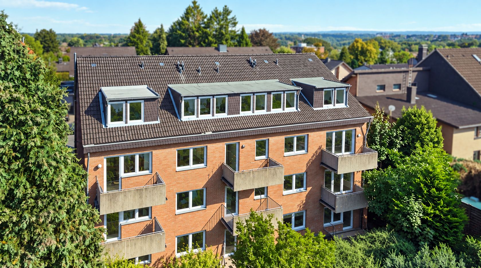 Mehrfamilienhaus mit roten Ziegelwänden, Balkonen und Dachfenstern, umgeben von Bäumen.