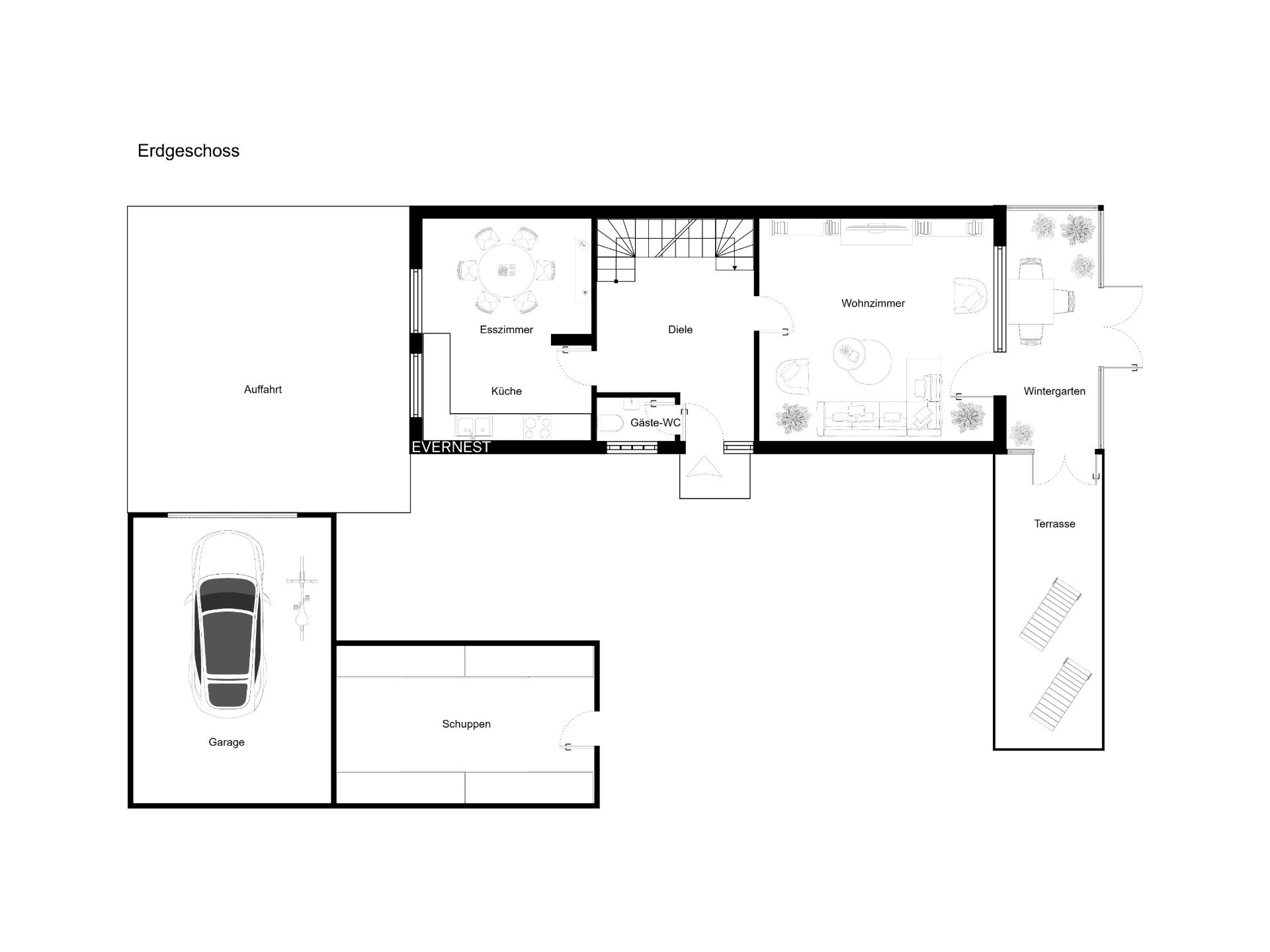 Grundriss des Erdgeschosses mit Garage, Küche, Esszimmer, Wohnzimmer, Wintergarten und Terrasse.