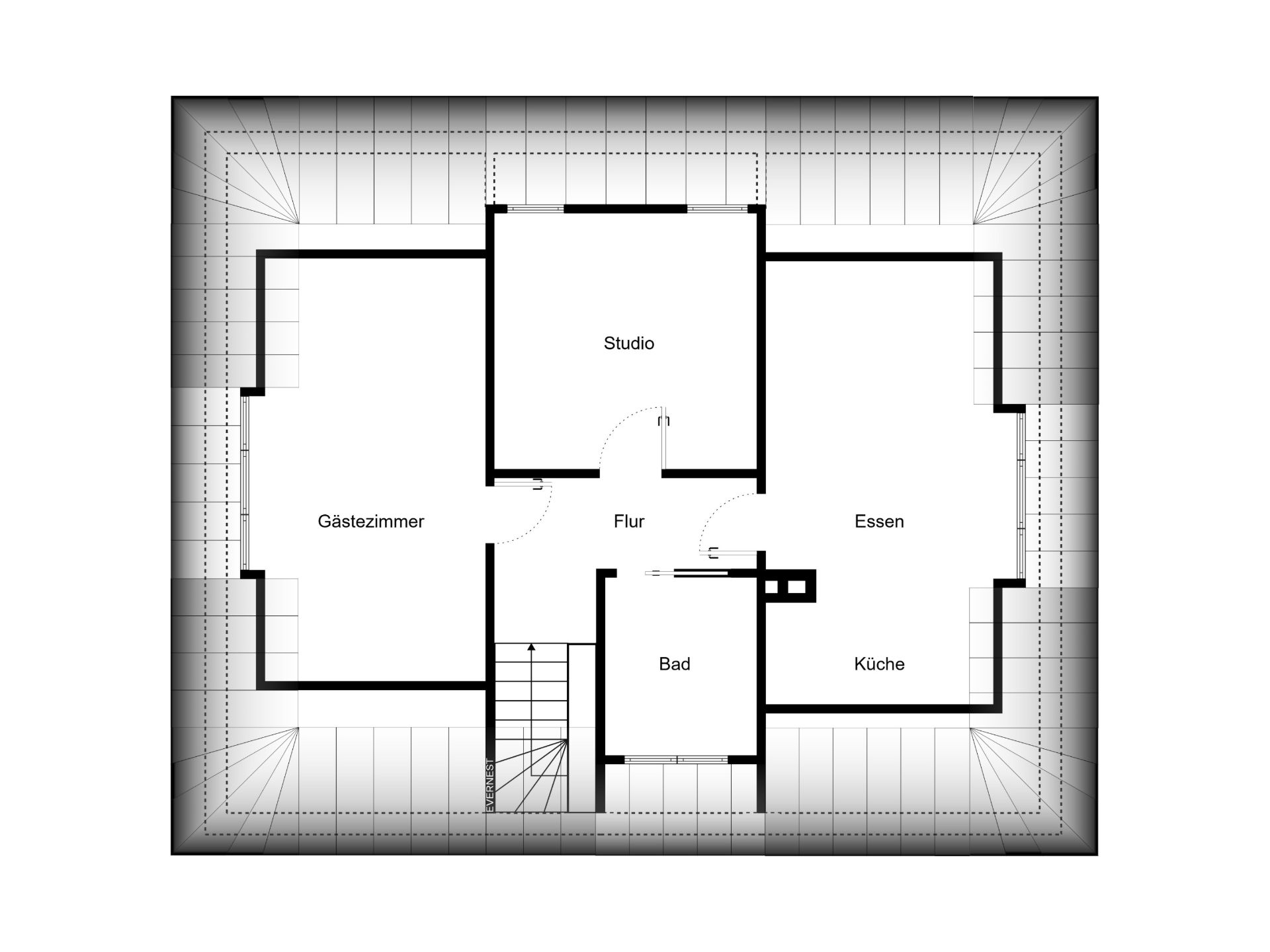 Grundriss einer Wohnung mit Gästezimmer, Studio, Essen, Küche, Flur und Bad.