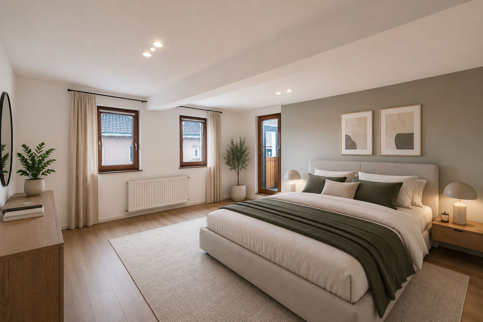Modernes Schlafzimmer mit großem Bett, Holzfußboden, drei Fenstern und dezenten Dekorationen.